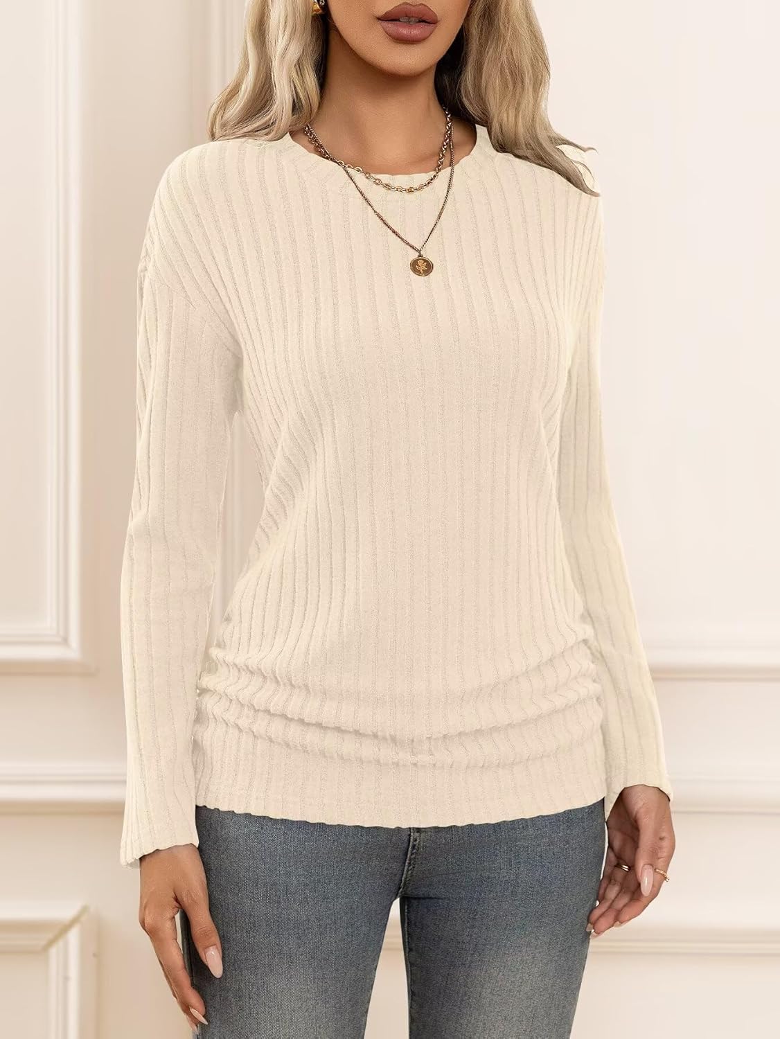 Long Sleeve Shirts for Women Fall Fashion Outfits Crewneck Tops Sides Ruched Winter Pullover Sweaters Tunic Clothes