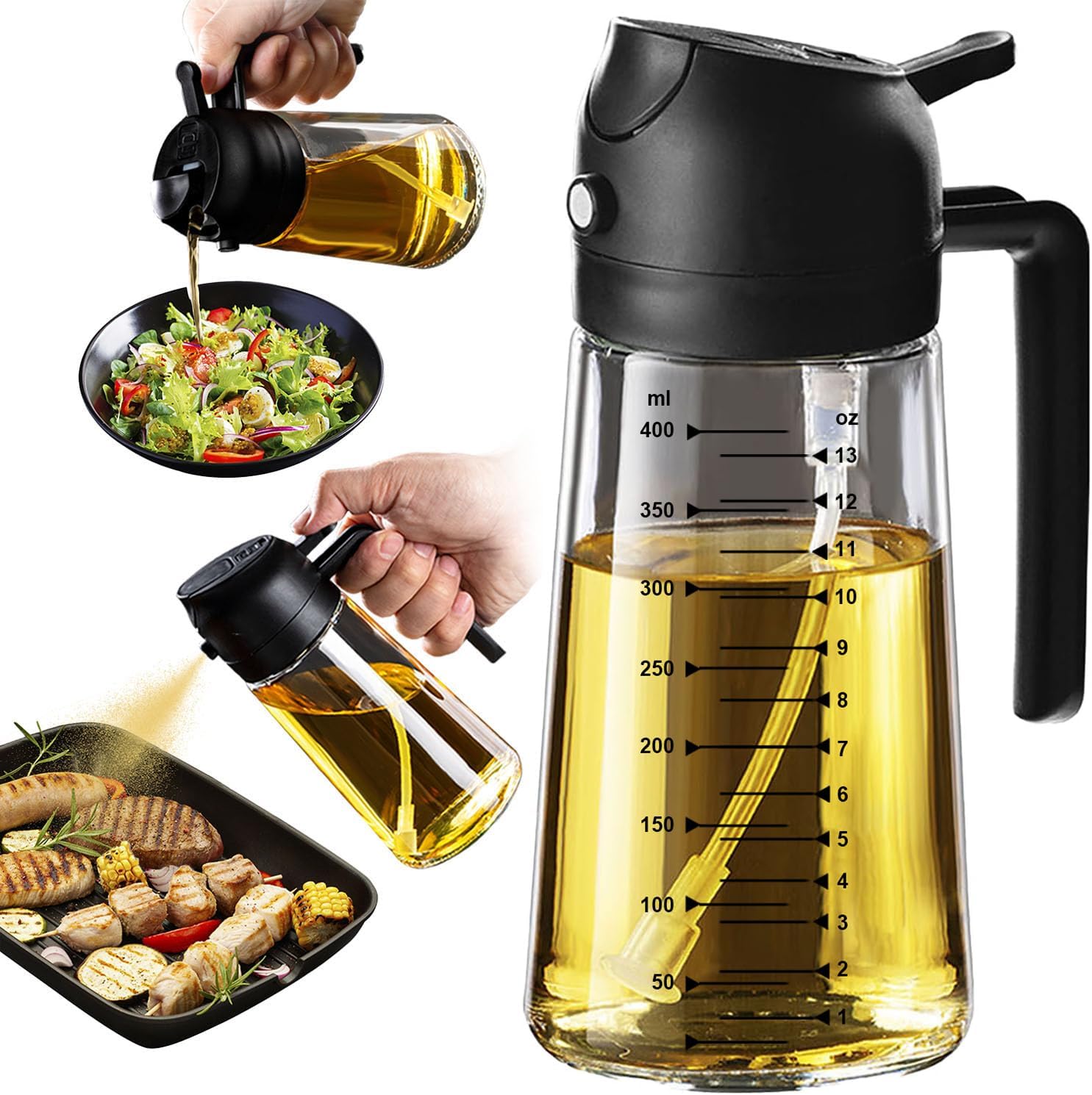 16Oz/470Ml Glass Olive Oil Sprayer for Cooking – 2 in 1 Olive Oil Dispenser Bottle for Kitchen Gadgets and Air Fryer Accessories, Salad, BBQ - Black