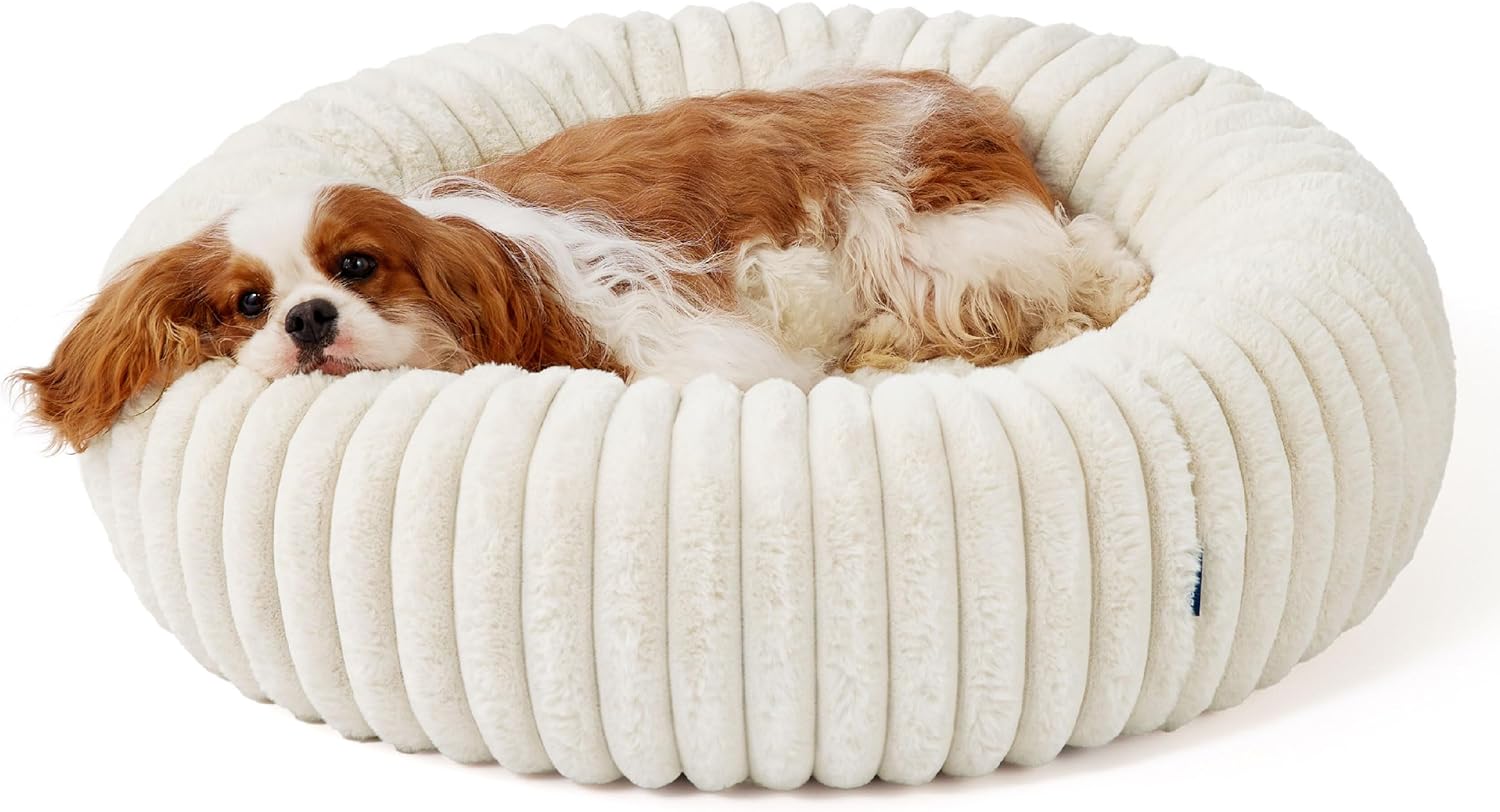 Donut Medium Dog Bed - Washable Faux Fur with Corduroy Fleece & anti Slip Bottom, round Pet Bed with Removable Cover, Cream, 30X30X8 Inches