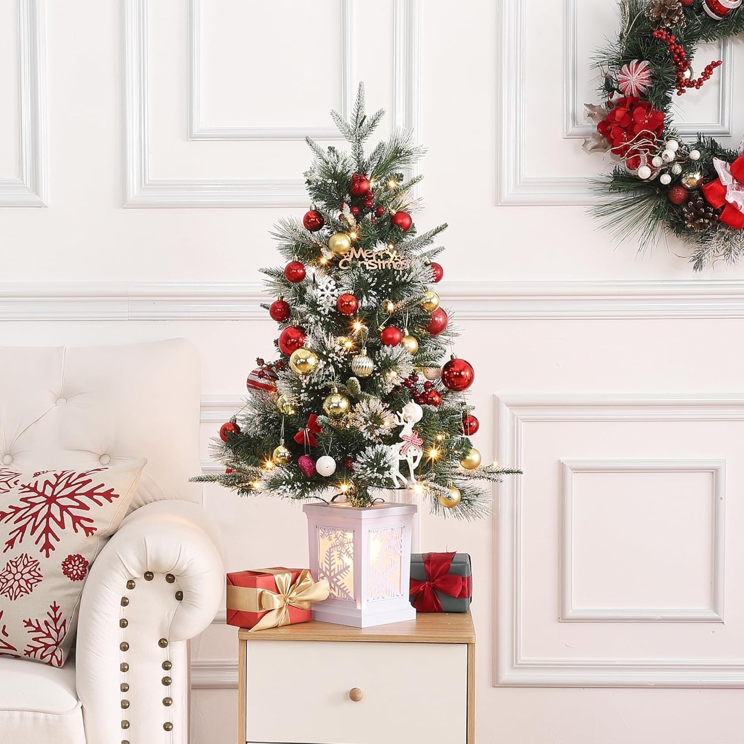 3 Ft Pre-Lit Christmas Tree, Artificial Christmas Trees with Lighting, Xmas Trees with 78 Led Lights, Christmas Decoration for Home, Office, Easy Assembly