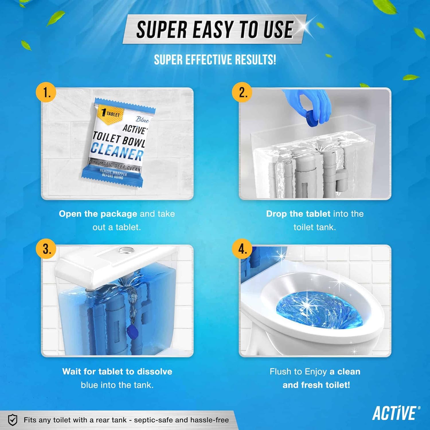 Automatic Toilet Bowl Cleaner Tablets Blue Gel Toilet Tank Cleaners, Septic-Safe Hard Water Ring Stain Remover, Smell Eliminator Heavy Duty Toilet Cleaning & Deodorizer, Fresh Scent - 12 Tabs