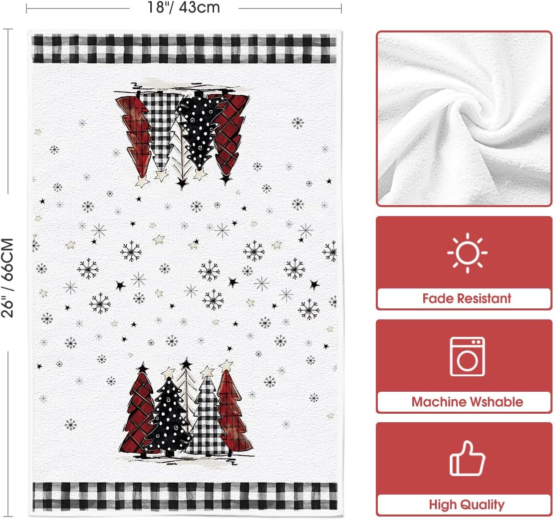 Black White Buffalo Plaid Snowman Xmas Trees Christmas Kitchen Towels Dish Towels, 18X26 Inch Daily Winter Decoration Hand Towels Set of 4