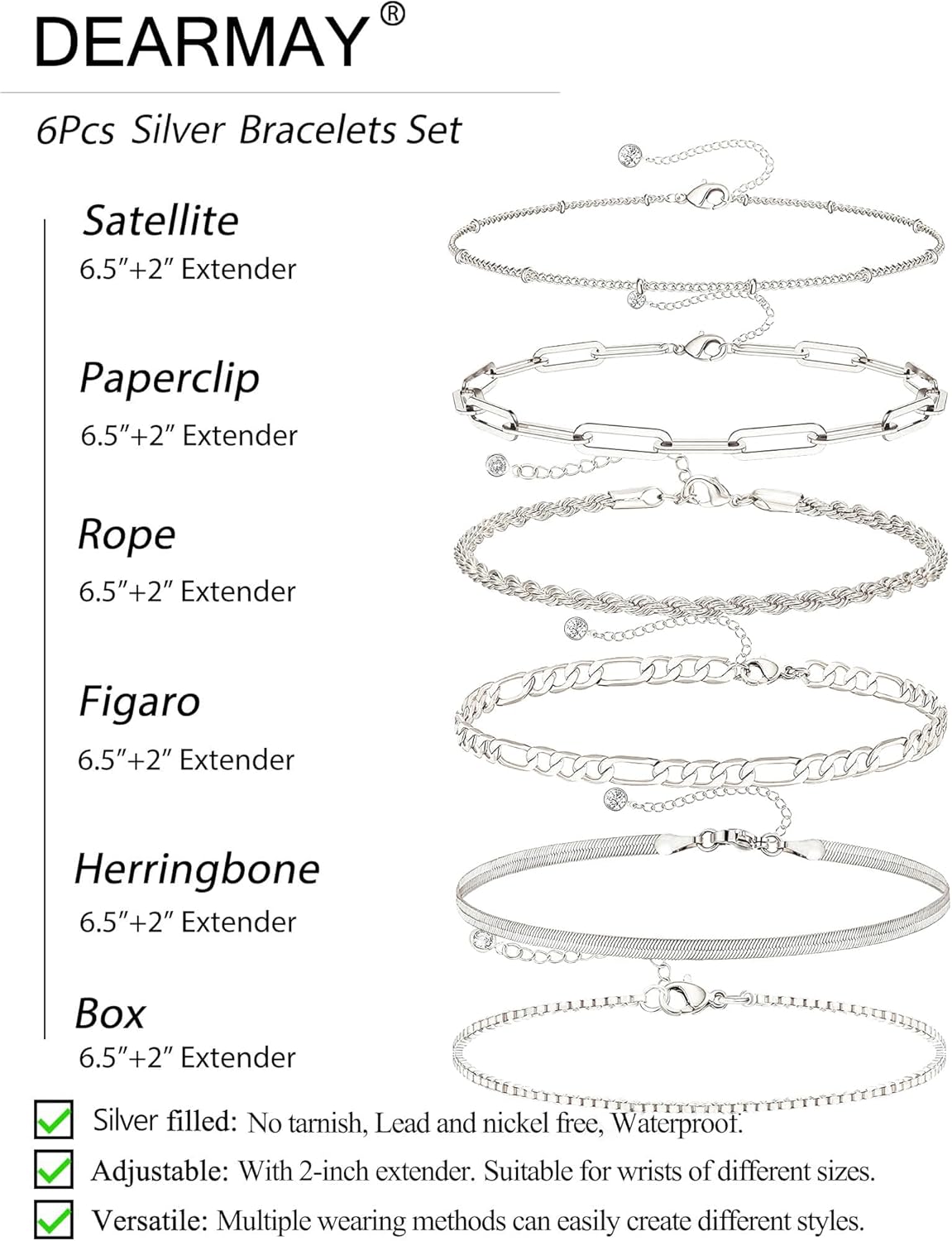 Dainty Silver Plated Bracelets for Women Trendy, Silver Jewelry Set for Women Bracelets for Women Paperclip Box Herringbone Figaro Rope Chain Bracelet Fashion Pack Gifts for Women