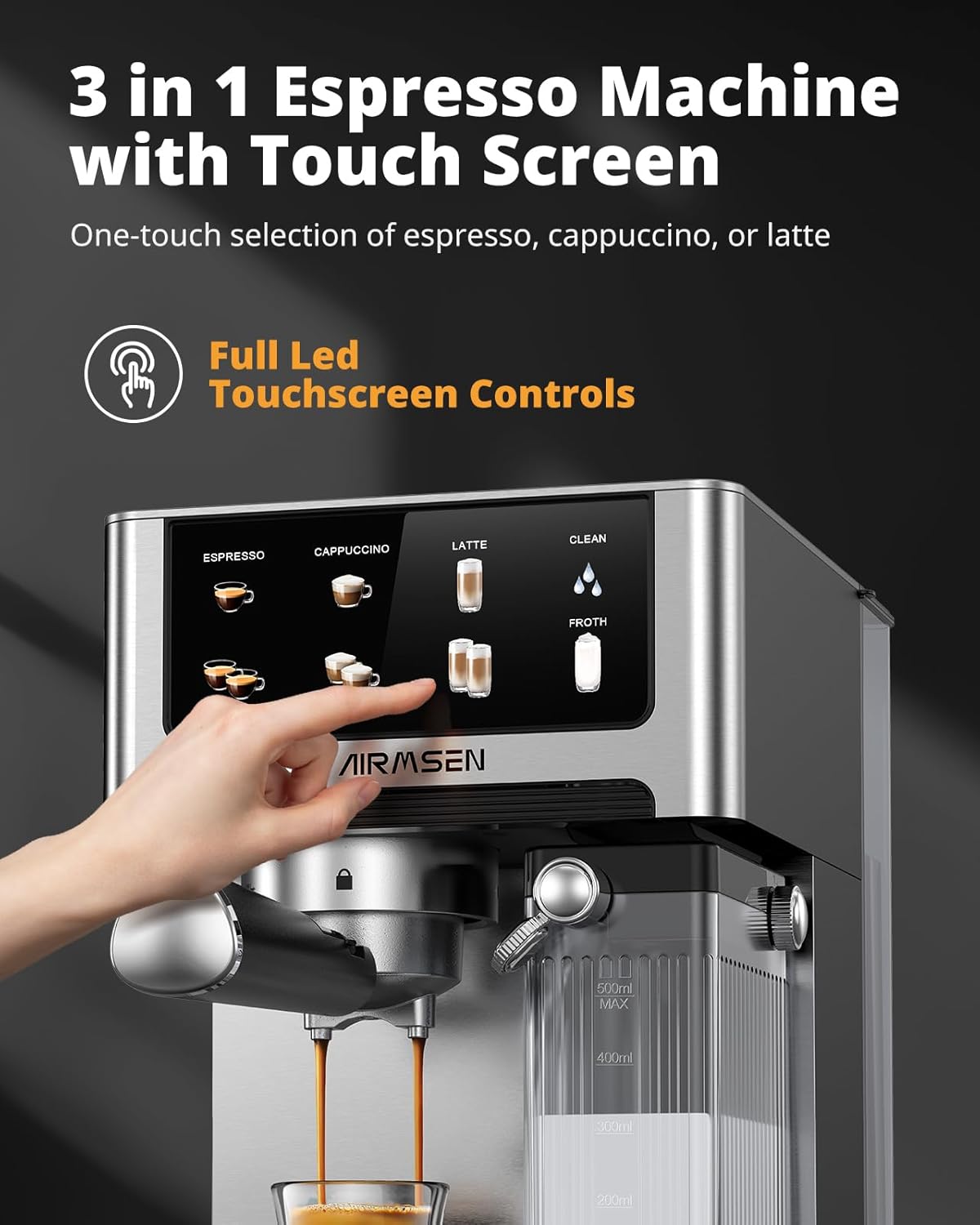 20 Bar Espresso Machine with Automatic Milk Frother, Cappuccino & Latte Coffee Maker with Quick Brew Dual Boiler (1350W + 1000W), Stainless Steel, 60Oz Water Tank, Touchscreen