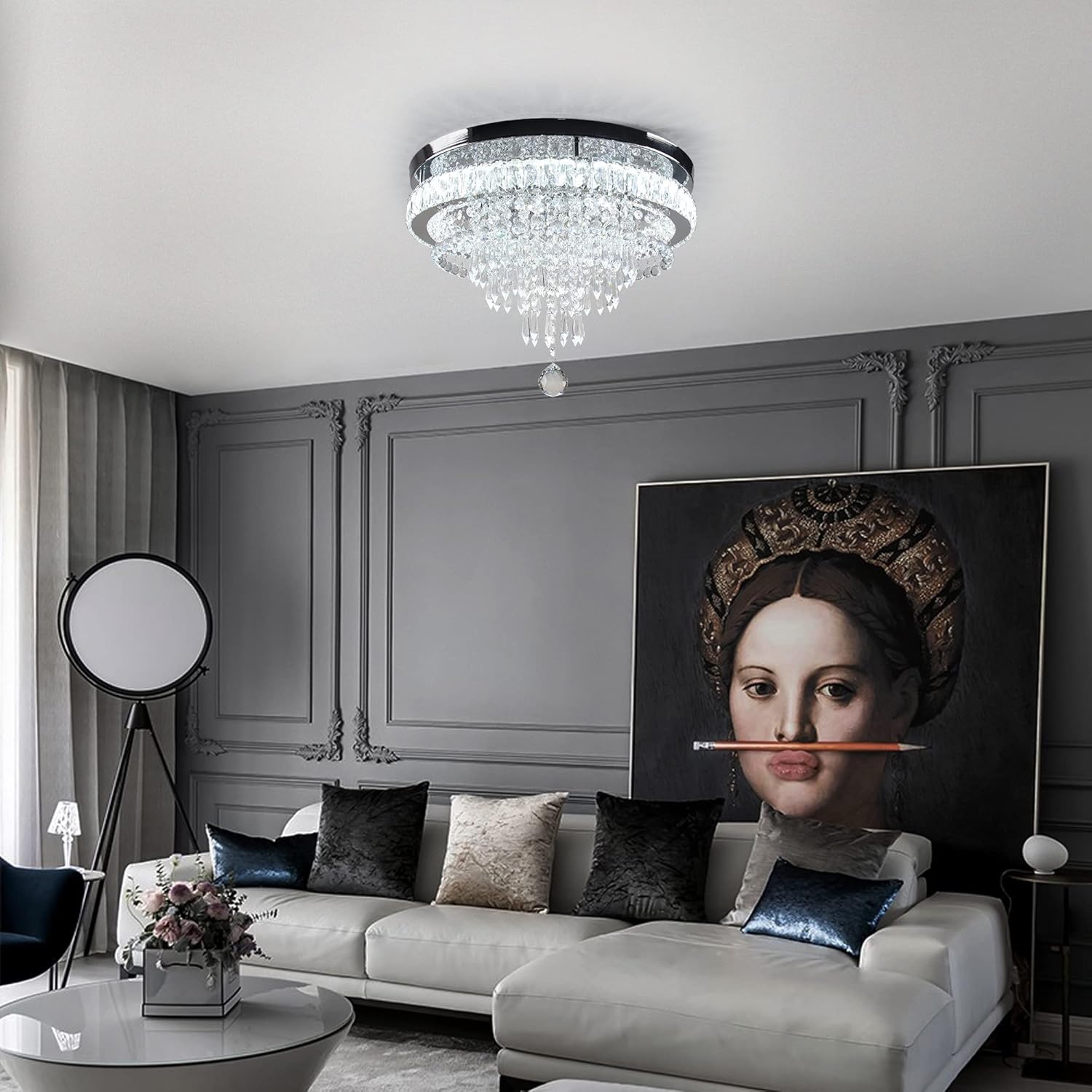 19.7" Crystal Chandeliers Crystal Ceiling Light Fixtures Modern Flush Mount Light LED Chandelier Lamp for Living Room Bedroom Dining Room 6500K Cool White