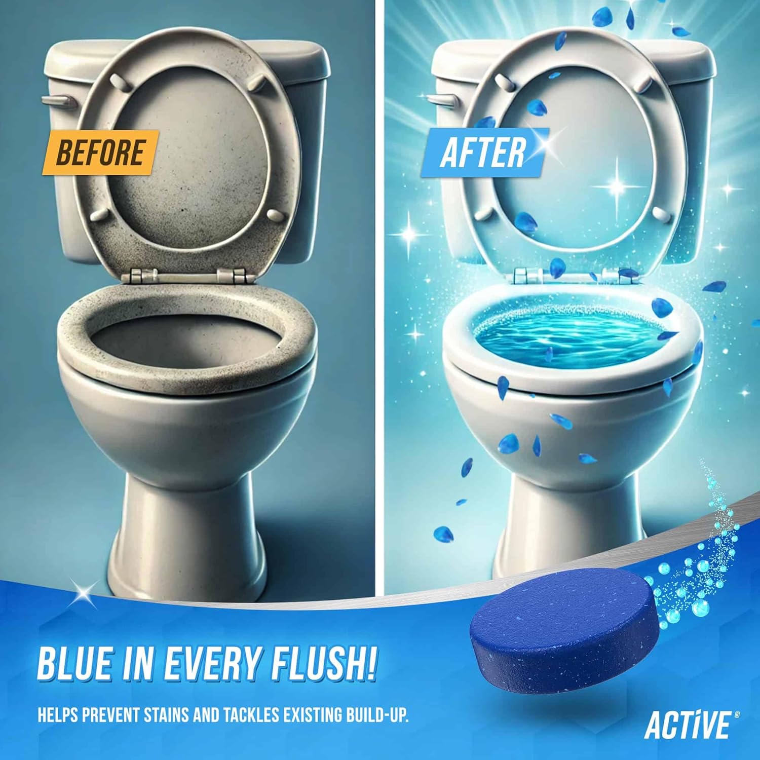 Automatic Toilet Bowl Cleaner Tablets Blue Gel Toilet Tank Cleaners, Septic-Safe Hard Water Ring Stain Remover, Smell Eliminator Heavy Duty Toilet Cleaning & Deodorizer, Fresh Scent - 12 Tabs