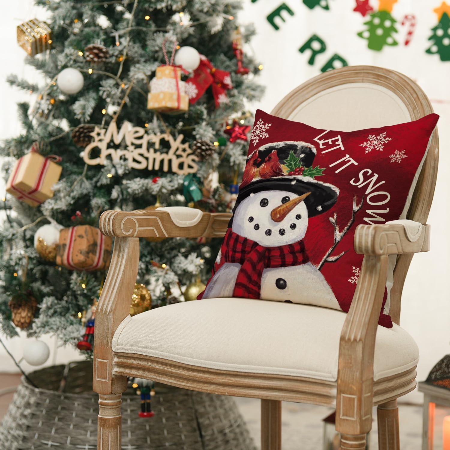 Merry Christmas Let It Snow Joy Stripes Gift Box Red Throw Pillow Covers, 18 X 18 Inch Xmas Tree Holiday Cushion Case Decoration for Sofa Couch Set of 4