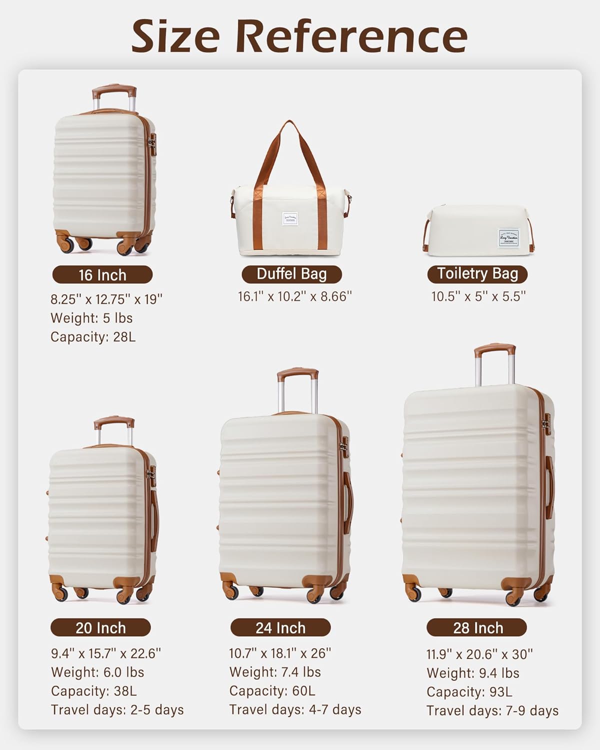 6 Piece Luggage Set Carry on Suitcase with ABS+PC Hardshell, Spinner Wheels & YKK Zipper TSA Lock (WHITE-BROWN, 6 Piece Set)