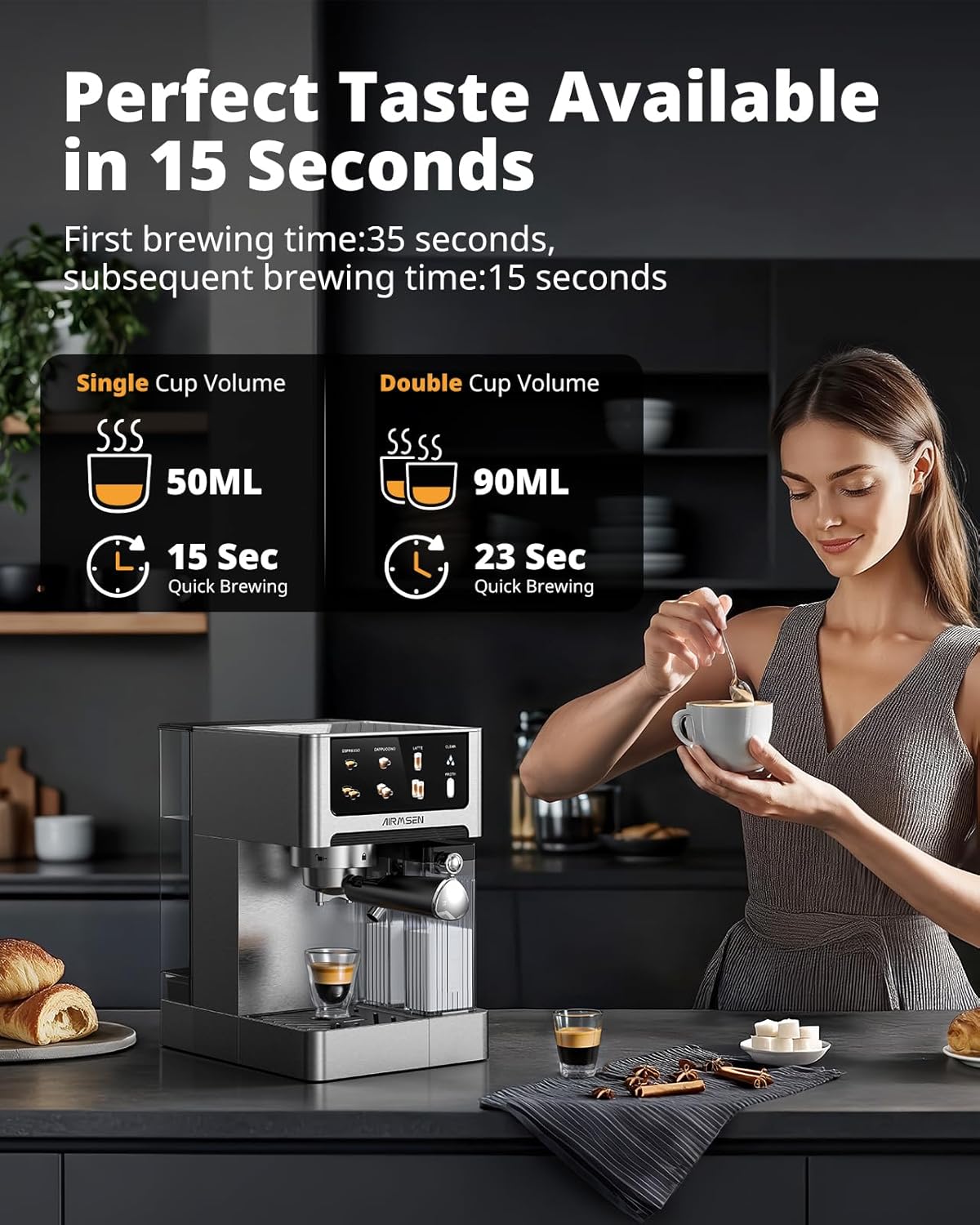 20 Bar Espresso Machine with Automatic Milk Frother, Cappuccino & Latte Coffee Maker with Quick Brew Dual Boiler (1350W + 1000W), Stainless Steel, 60Oz Water Tank, Touchscreen