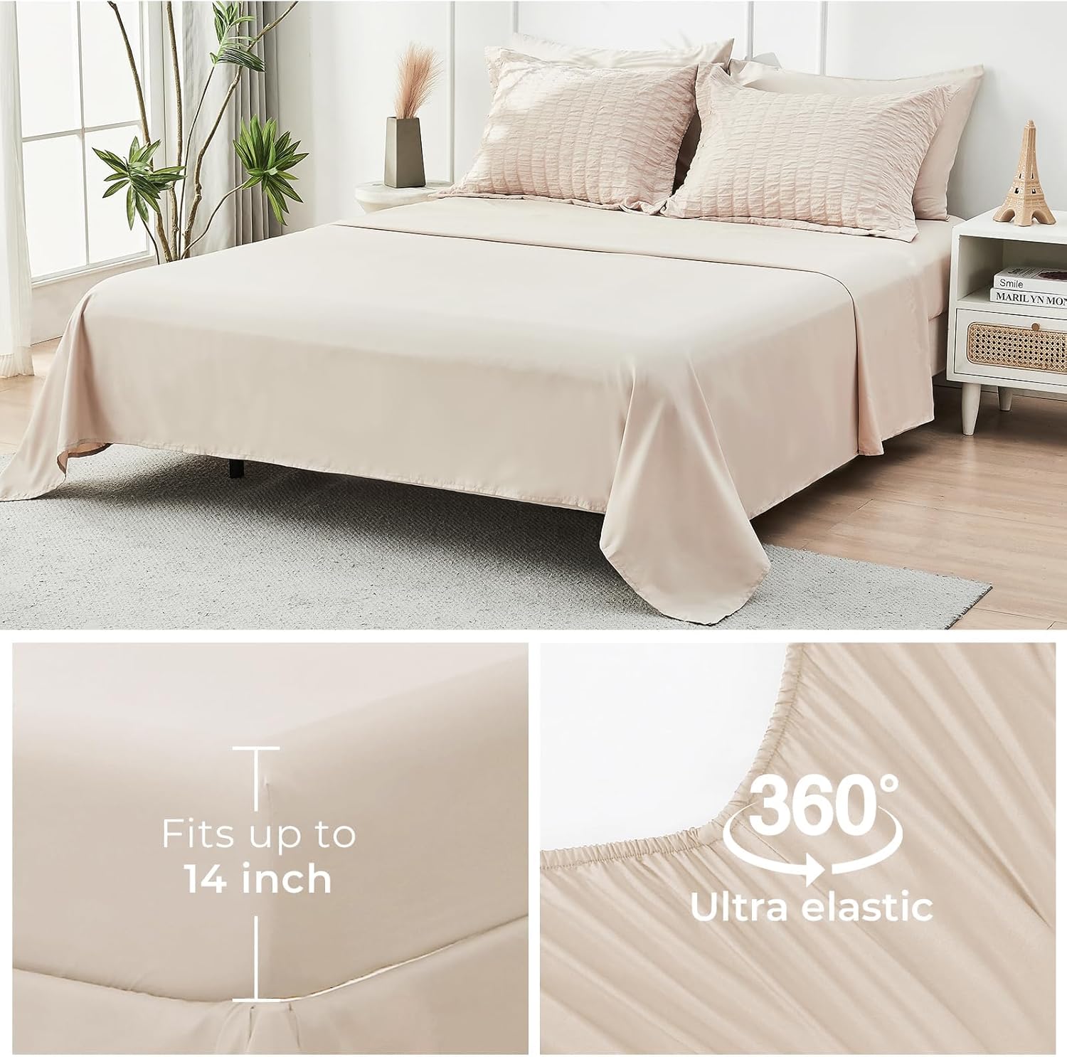 Beige Queen Comforter Set Seersucker 7 Pieces, All Season Luxury Bed in a Bag for Bedroom, Bedding Set with Comforters, Sheets, Pillowcases & Shams