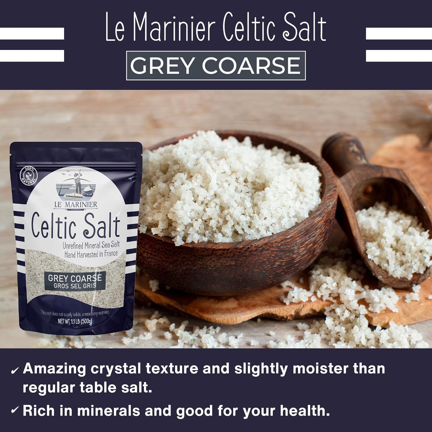 Celtic Salt Organic Grey Coarse, 1.1Lb - 18Oz. Mineral Rich 100% Natural and Unrefined French Sea Salt Organic. Hand Harvested Mineral Sea Salt, Sel Gris (1.1Lb Grey Coarse)