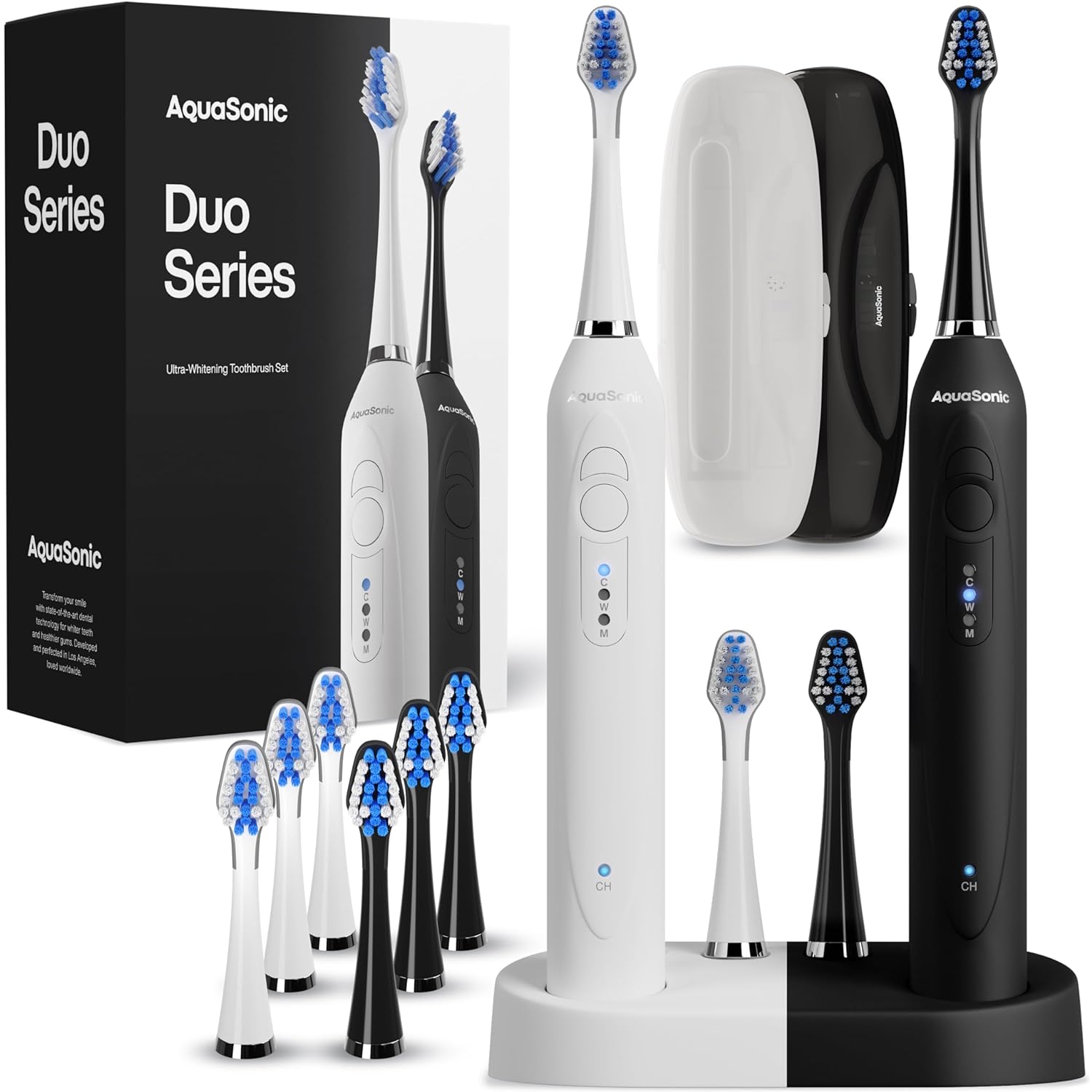 Duo - Dual Handle Ultra Whitening 40,000 VPM Wireless Charging Electric Toothbrushes - 3 Modes with Smart Timers - 10 Dupont Brush Heads & 2 Travel Cases Included