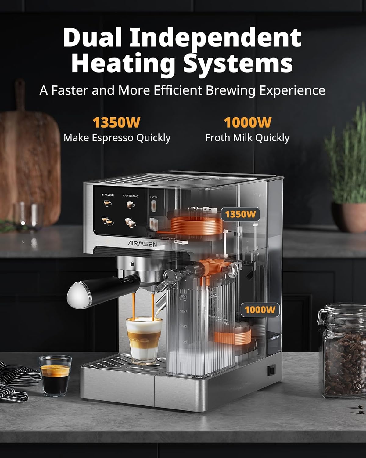 20 Bar Espresso Machine with Automatic Milk Frother, Cappuccino & Latte Coffee Maker with Quick Brew Dual Boiler (1350W + 1000W), Stainless Steel, 60Oz Water Tank, Touchscreen