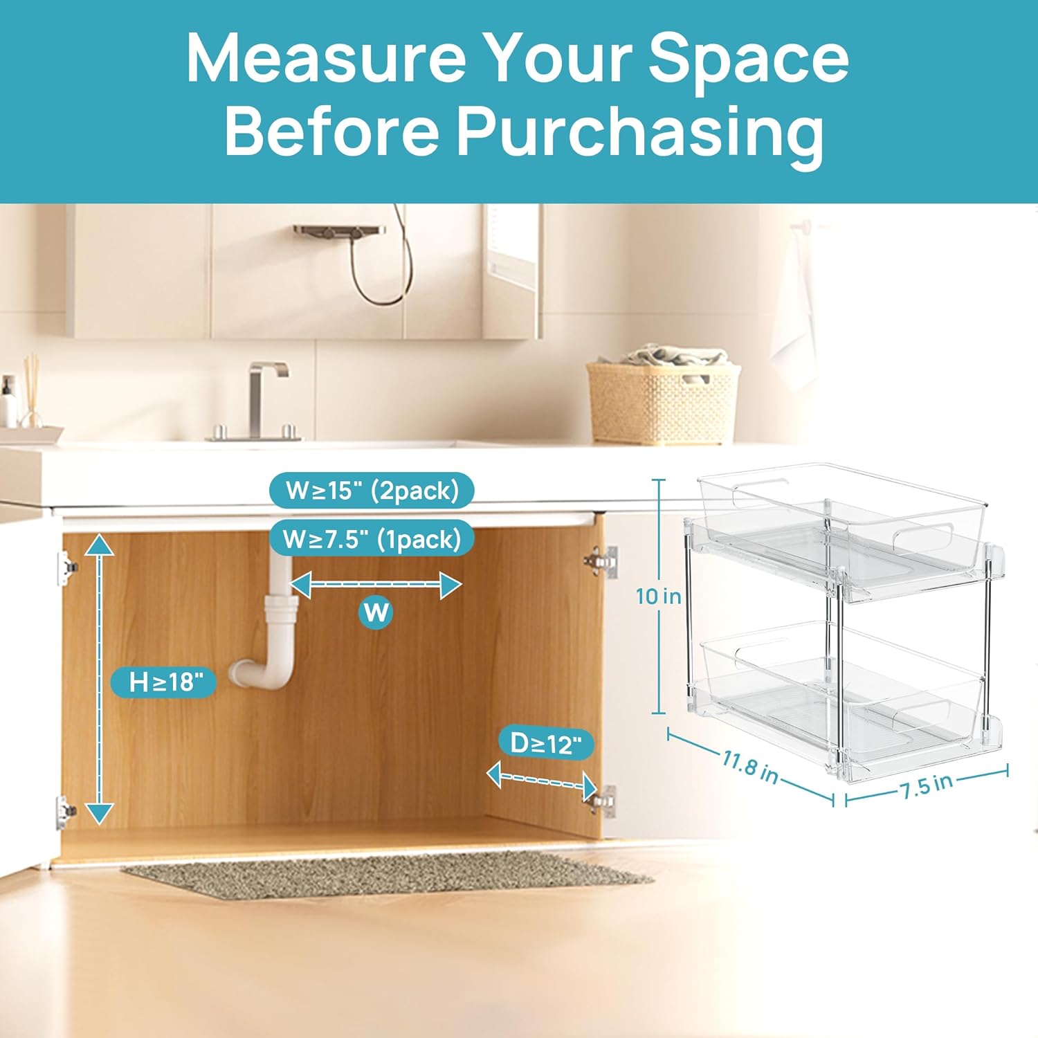 4 Pack Bathroom Organizer, 2 Tier Clear under Sink Organizers Vanity Countertop Storage Container,Cabinet Drawers Bins, Pull-Out Organization with Track for Pantry, Kitchen