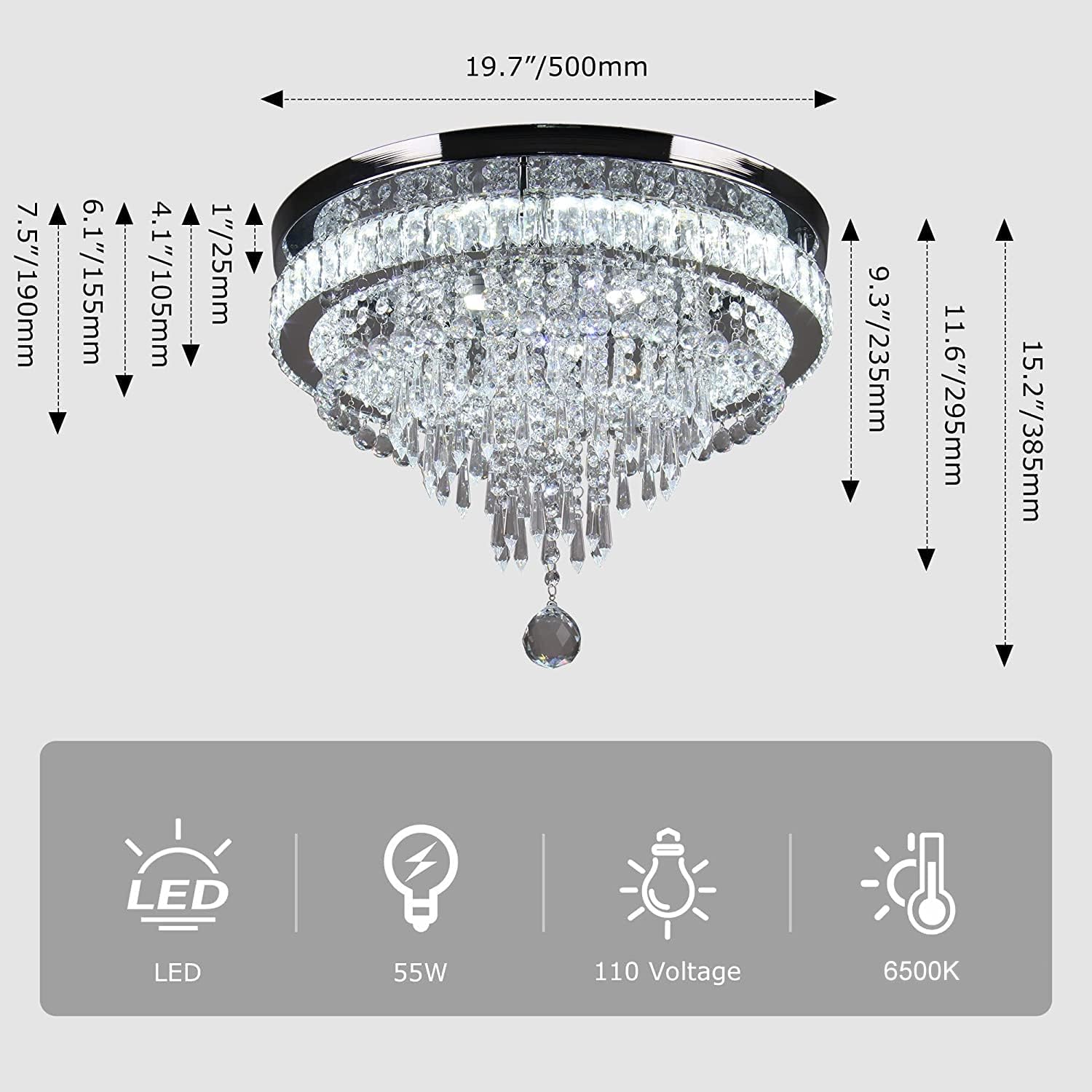 19.7" Crystal Chandeliers Crystal Ceiling Light Fixtures Modern Flush Mount Light LED Chandelier Lamp for Living Room Bedroom Dining Room 6500K Cool White