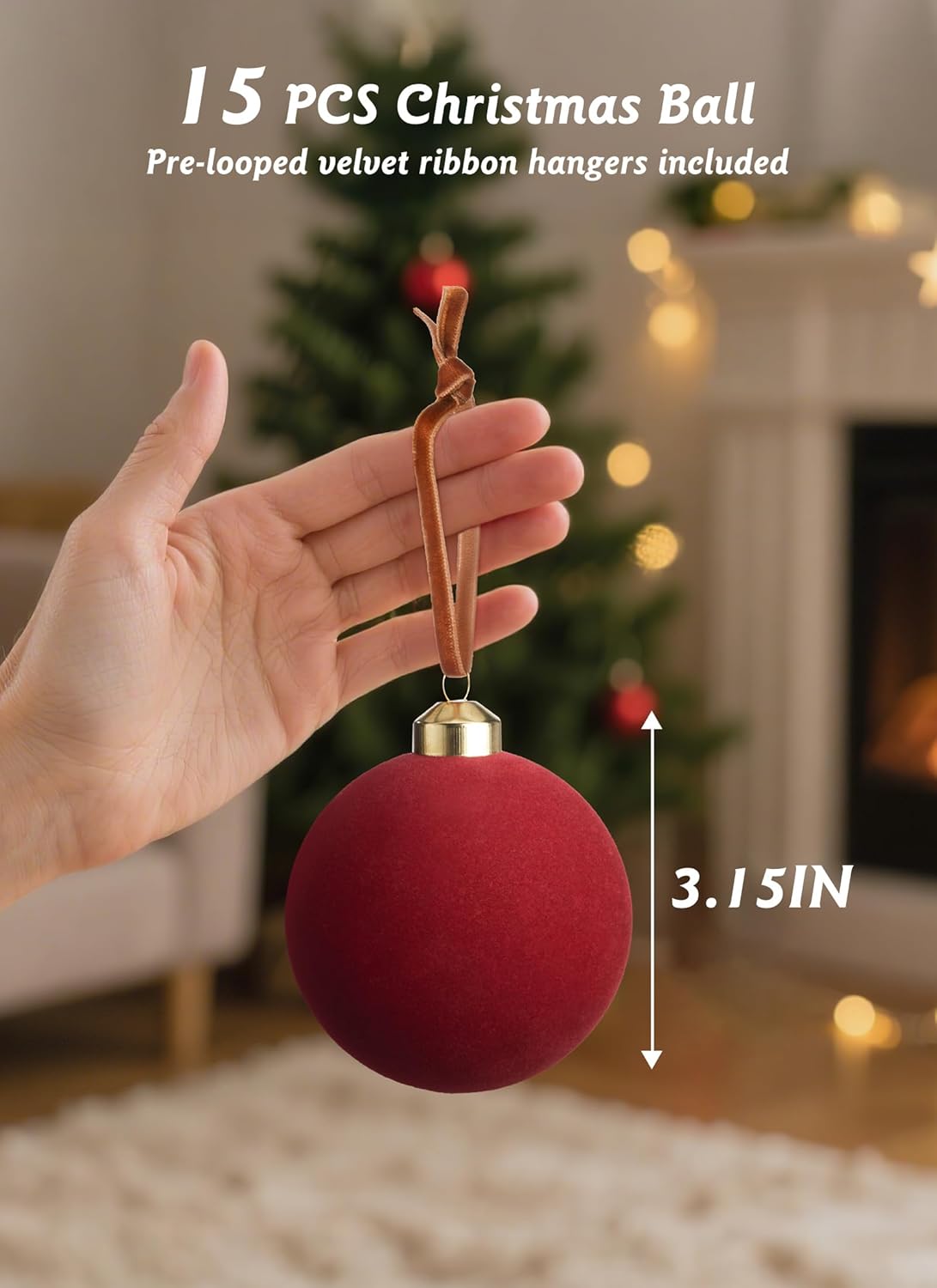 15 Pcs Red Velvet Christmas Balls, 3.15 Inch Velvet Ornaments for Christmas Tree, Christma Tree Flocked Ornaments Balls for Family Holiday Wedding Party Xmas Hanging Decoration