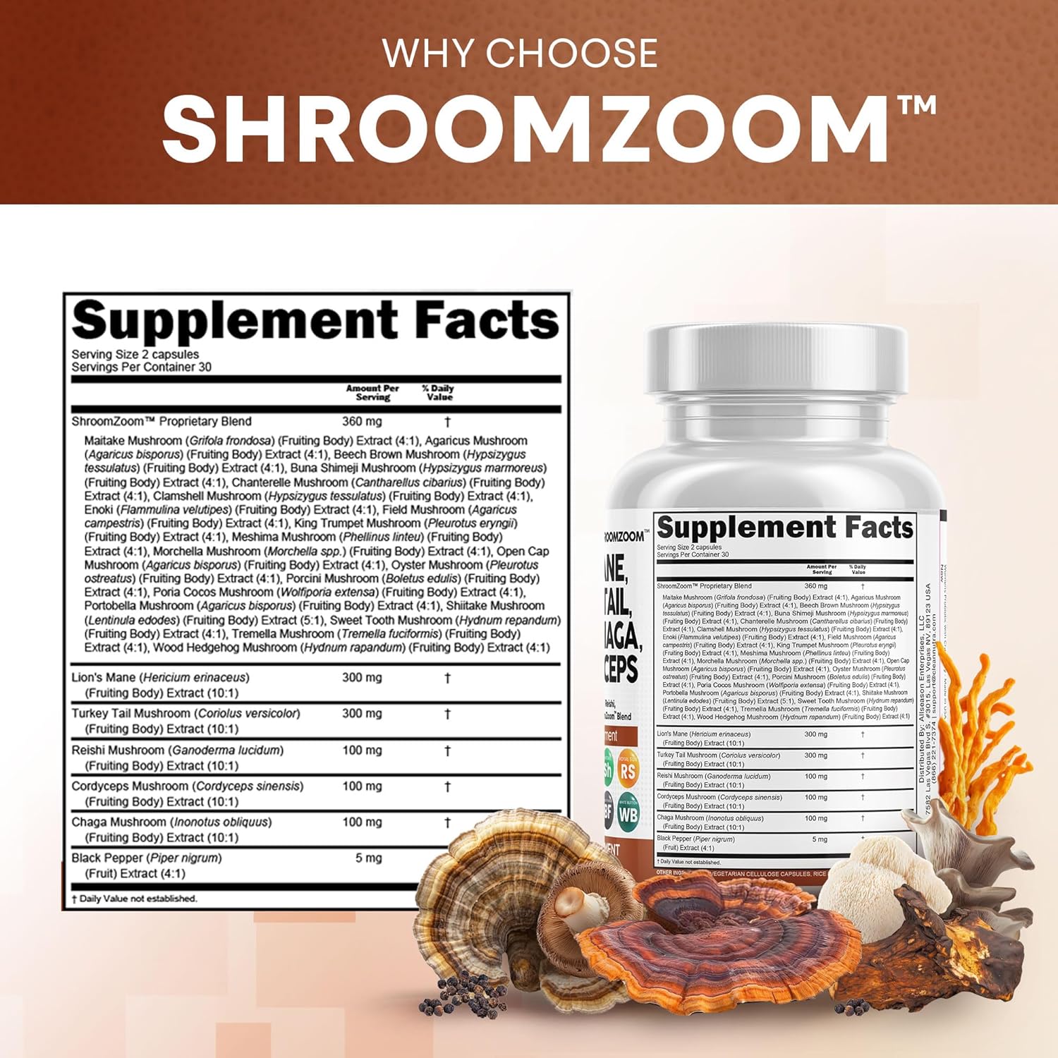 Lions Mane 20In1 Mushroom Supplement with Turkey Tail Reishi Cordyceps Chaga Maitake Meshima Poria Cocos Shiitake Oyster Porcini Enoki - 1 Pack