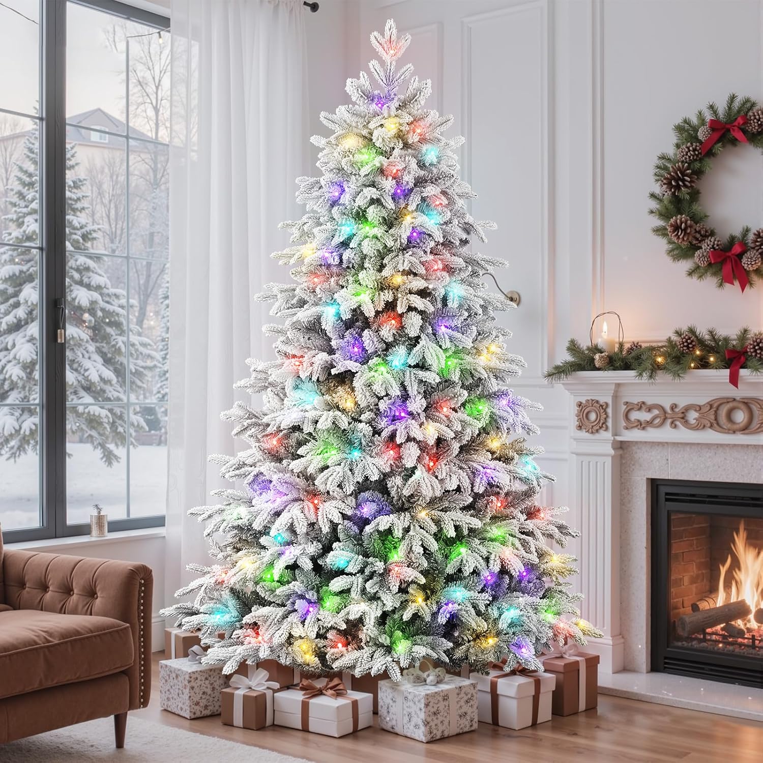 7.5Ft Flocked Cedar Christmas Tree Prelit with Remote Control, RGB & Warm White Lights, Modern Luxury Design with Full Flocked Snowy Branches for Home, Office, Party Decor, 7.5 FT