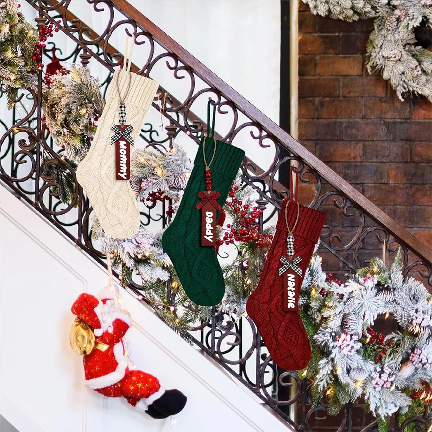 6Pack Personalized Christmas Stockings with Wooden Name Tags, 18 Inches Xmas Cable Knitted Stocking for Holiday, Hanging Decoration Gifts for Family Party(White&Red)