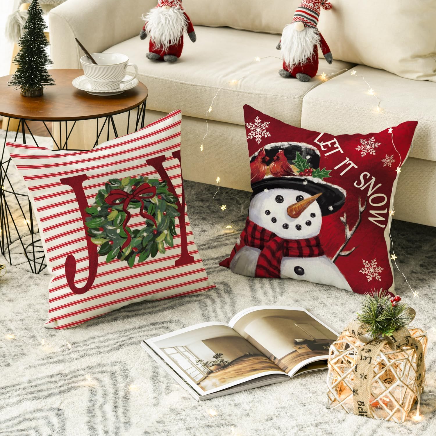 Merry Christmas Let It Snow Joy Stripes Gift Box Red Throw Pillow Covers, 18 X 18 Inch Xmas Tree Holiday Cushion Case Decoration for Sofa Couch Set of 4