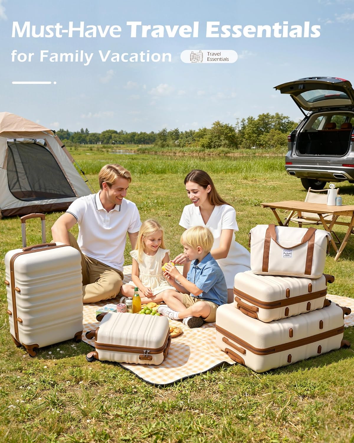 6 Piece Luggage Set Carry on Suitcase with ABS+PC Hardshell, Spinner Wheels & YKK Zipper TSA Lock (WHITE-BROWN, 6 Piece Set)