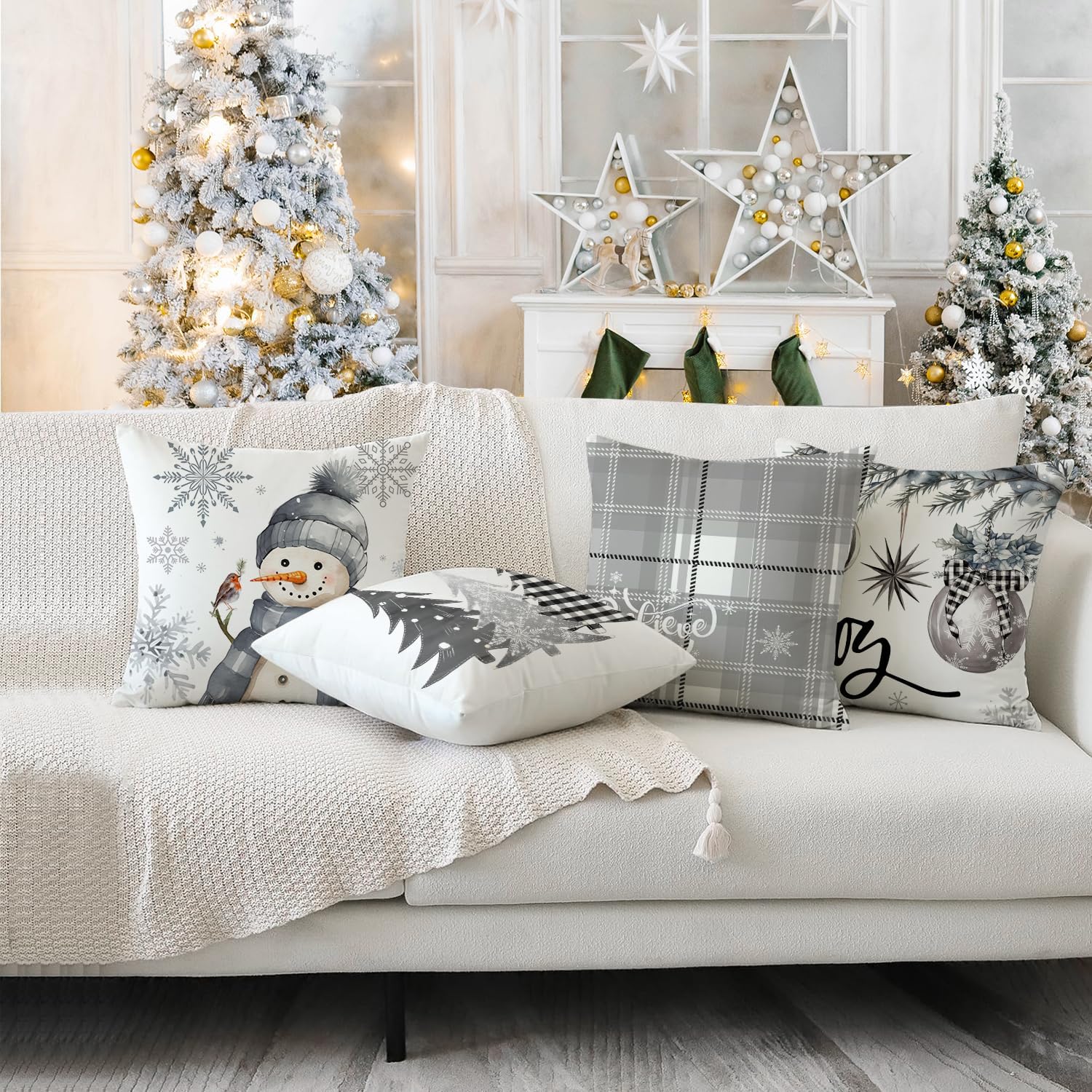 Christmas Pillow Covers 18X18 Inch Set of 4, Decorative Farmhouse Snowman Joy Believe Christmas Tree Grey Pillow Covers for Winter Holiday Home Decor Decoration