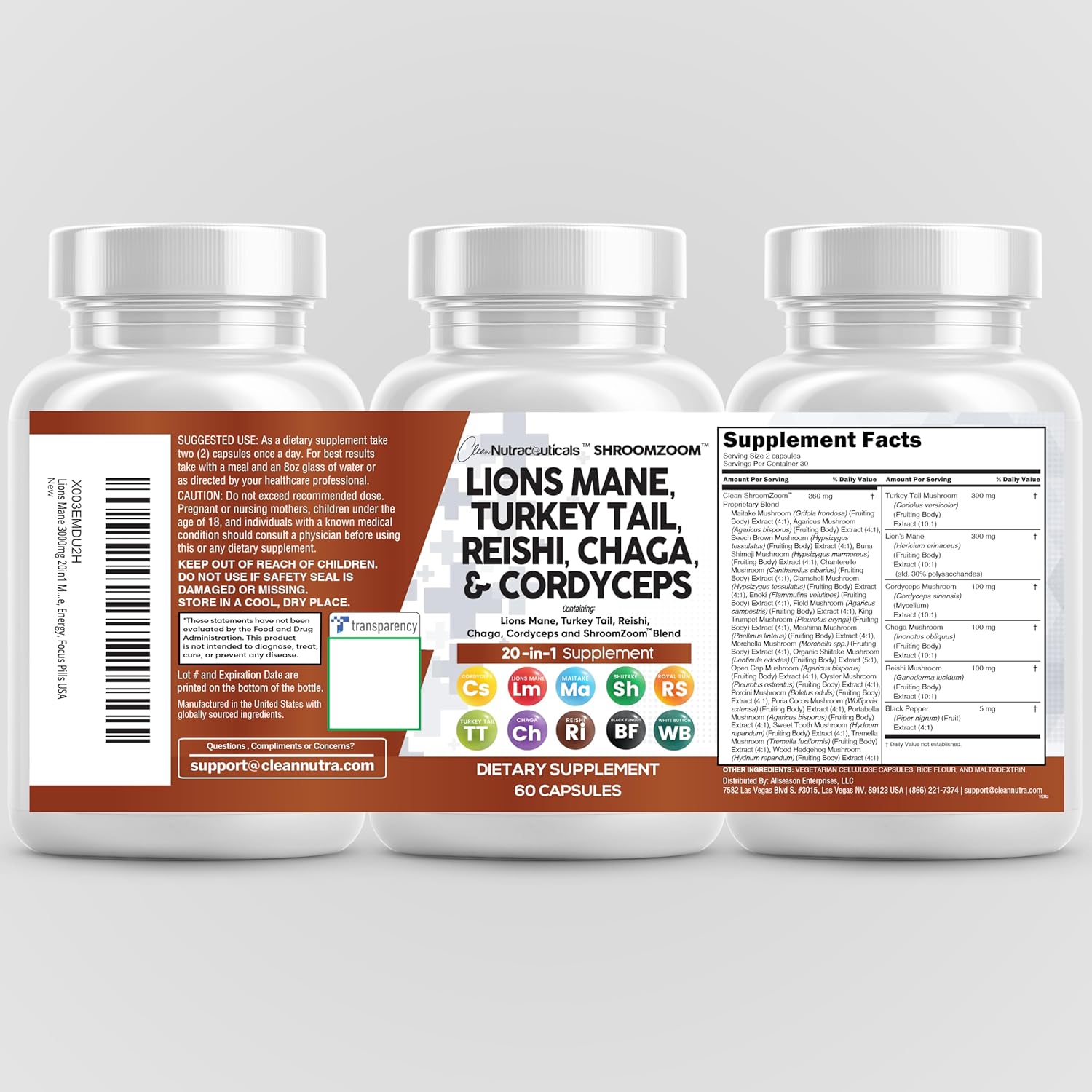 Lions Mane 20In1 Mushroom Supplement with Turkey Tail Reishi Cordyceps Chaga Maitake Meshima Poria Cocos Shiitake Oyster Porcini Enoki - 1 Pack