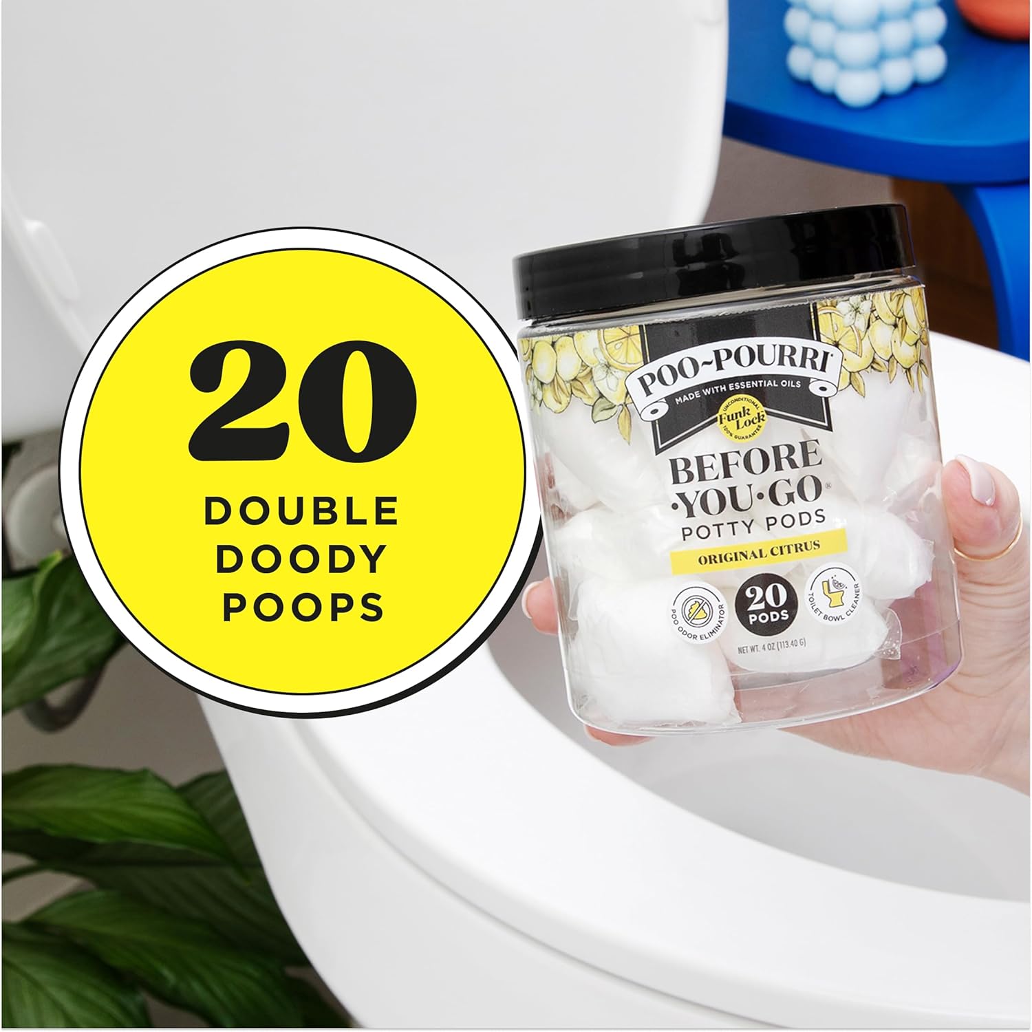 Before-You-Go 2-In-1 Toilet Potty Pods, Original Citrus, 20 Ct, Bathroom Odor Deodorizer and Toilet Cleaner with Essential Oils, Lemon, Bergamot and Lemongrass Scent
