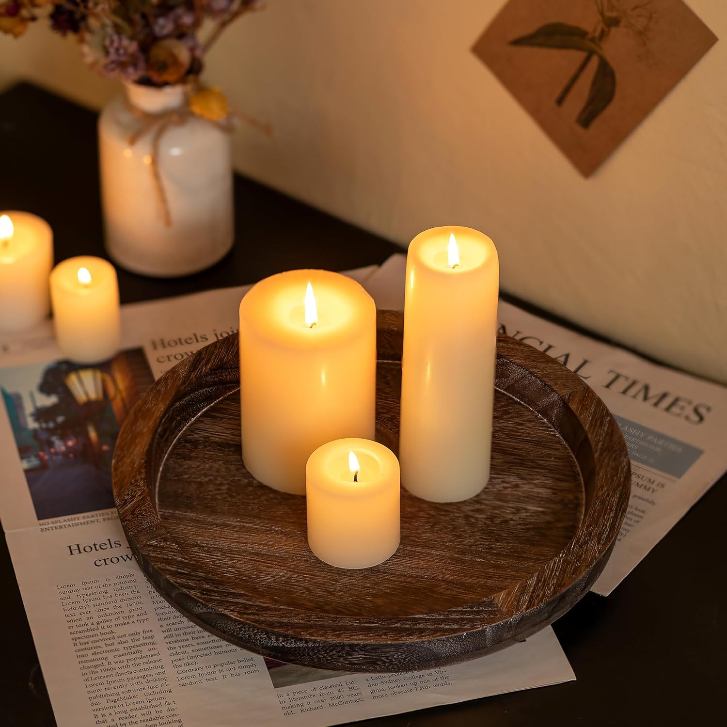 Candle Plate Holder Tray: round Wooden Decorative Candle Plate Small Farmhouse Table Centerpiece Rustic Wood Tealight Pillar Trays for Christmas Wedding Halloween Home Decor