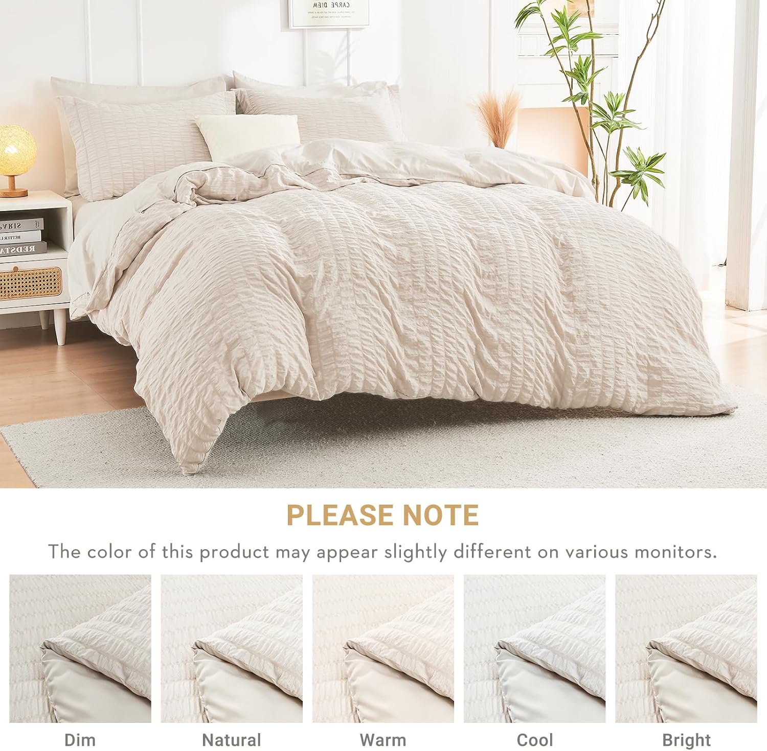 Beige Queen Comforter Set Seersucker 7 Pieces, All Season Luxury Bed in a Bag for Bedroom, Bedding Set with Comforters, Sheets, Pillowcases & Shams