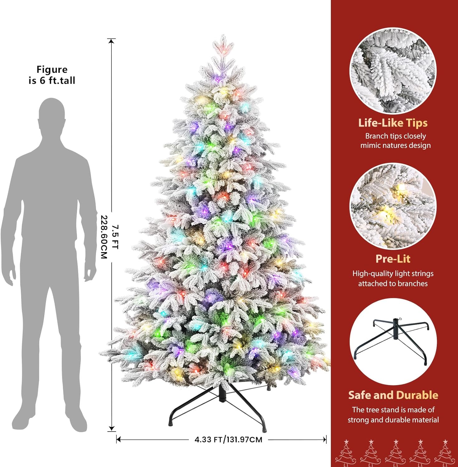 7.5Ft Flocked Cedar Christmas Tree Prelit with Remote Control, RGB & Warm White Lights, Modern Luxury Design with Full Flocked Snowy Branches for Home, Office, Party Decor, 7.5 FT