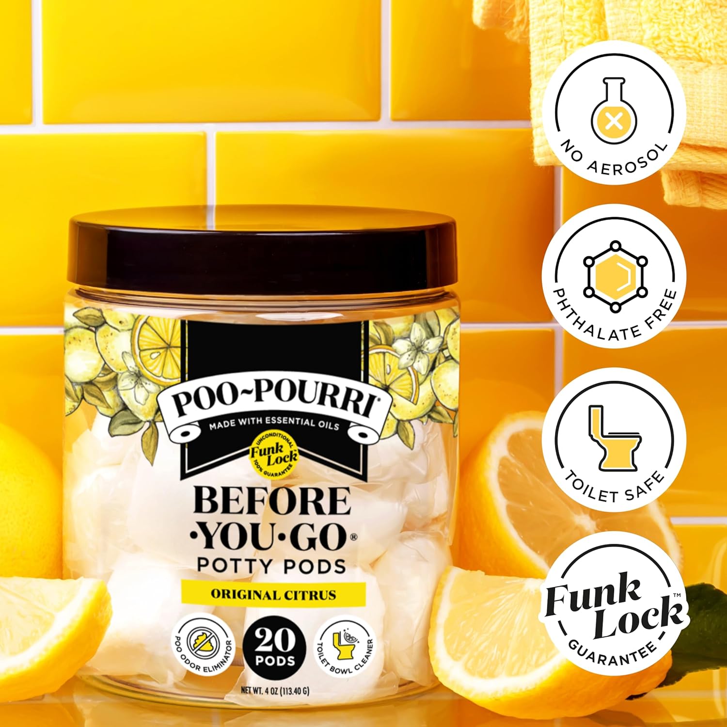 Before-You-Go 2-In-1 Toilet Potty Pods, Original Citrus, 20 Ct, Bathroom Odor Deodorizer and Toilet Cleaner with Essential Oils, Lemon, Bergamot and Lemongrass Scent
