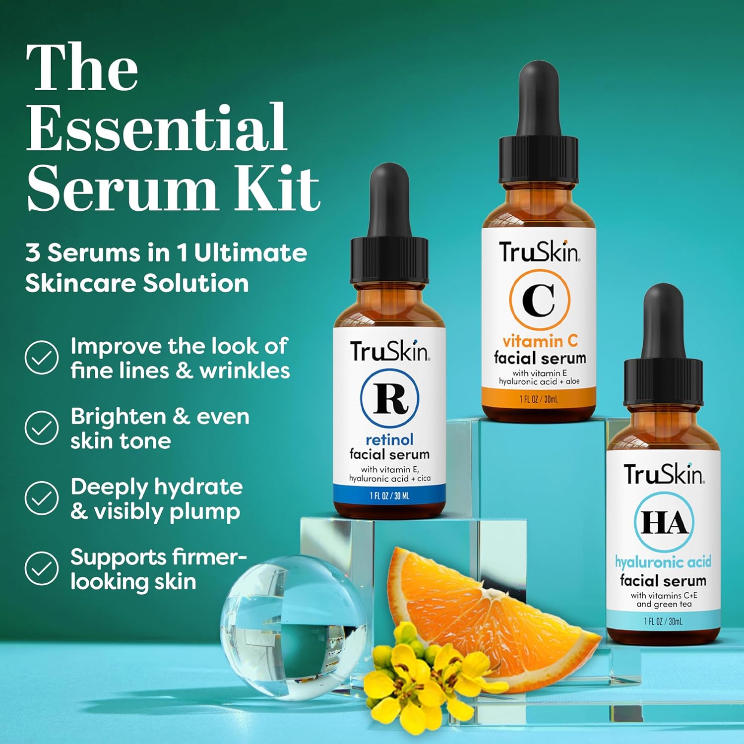 Face Serum Trio – Hyaluronic Acid, Vitamin C & Retinol Serum for Face – anti Aging Skin Care Set for Women – Skincare for Bright, Smooth, Hydrated & Firmer-Looking Skin, 1 Fl Oz, 3 Bottles