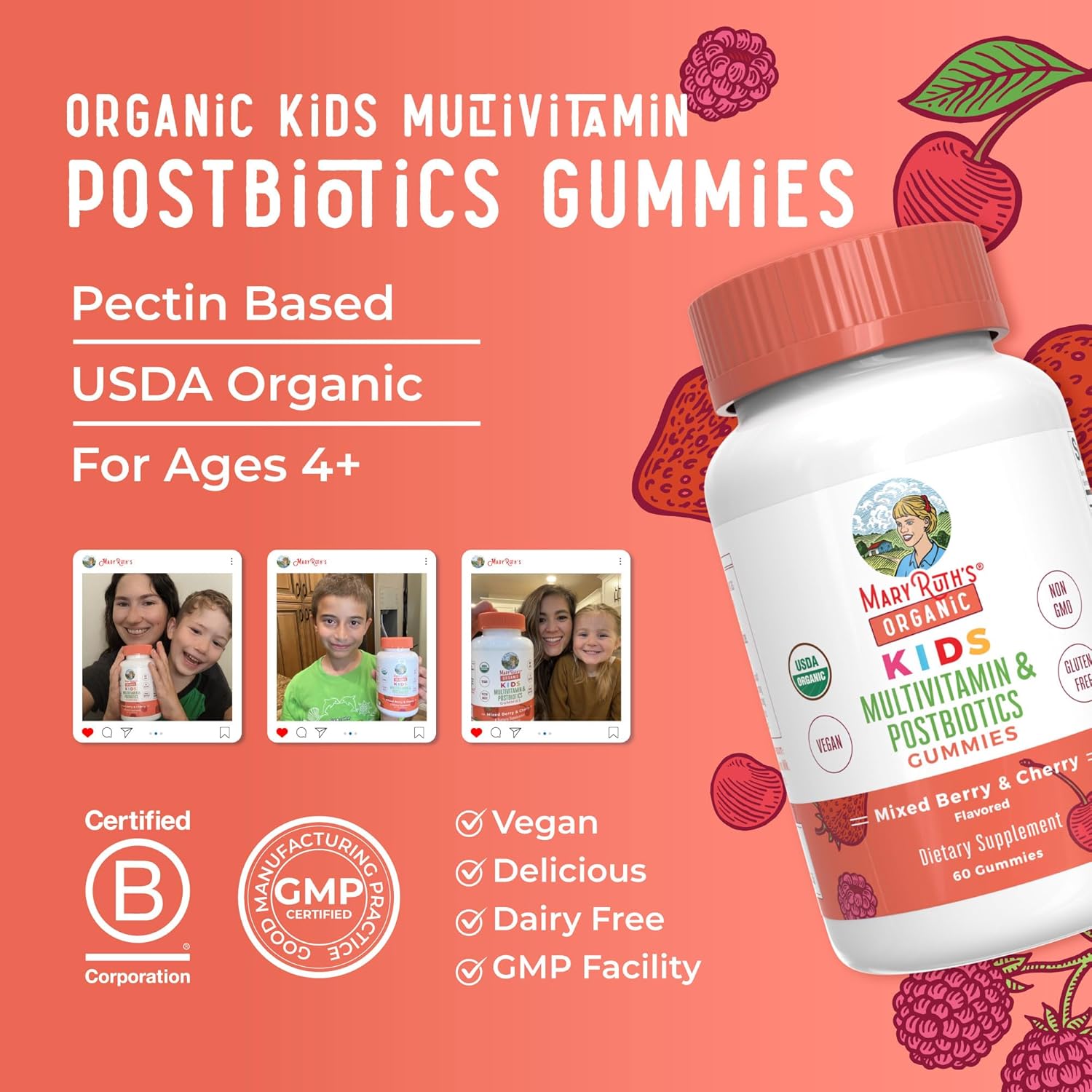 Kids Vitamins | USDA Organic | Multivitamin Gummies + Postbiotics for Ages 4+ | Lactobacillus Rhamnosus | Vegan | Non-Gmo | 60 Count