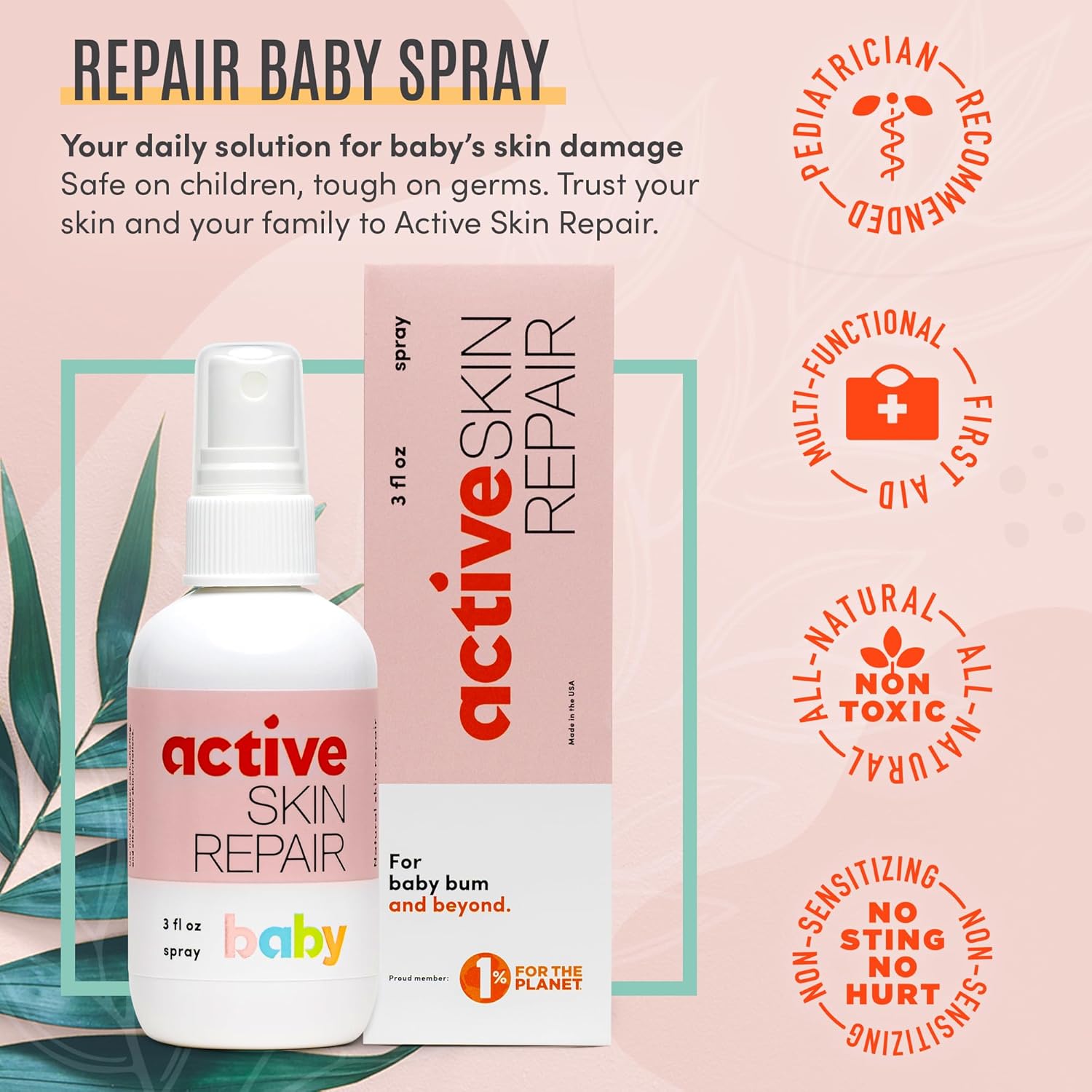 Active Skin Repair Natural, Non-Toxic, No Sting Baby Spray First Aid Safe for Use on Diaper Rash, Baby Acne, Eczema, Cuts, Wounds, Scrapes, and Other Skin Irritations (3 Oz. Spray)