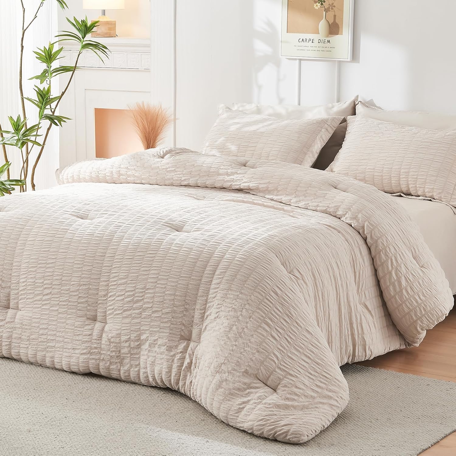 Beige Queen Comforter Set Seersucker 7 Pieces, All Season Luxury Bed in a Bag for Bedroom, Bedding Set with Comforters, Sheets, Pillowcases & Shams