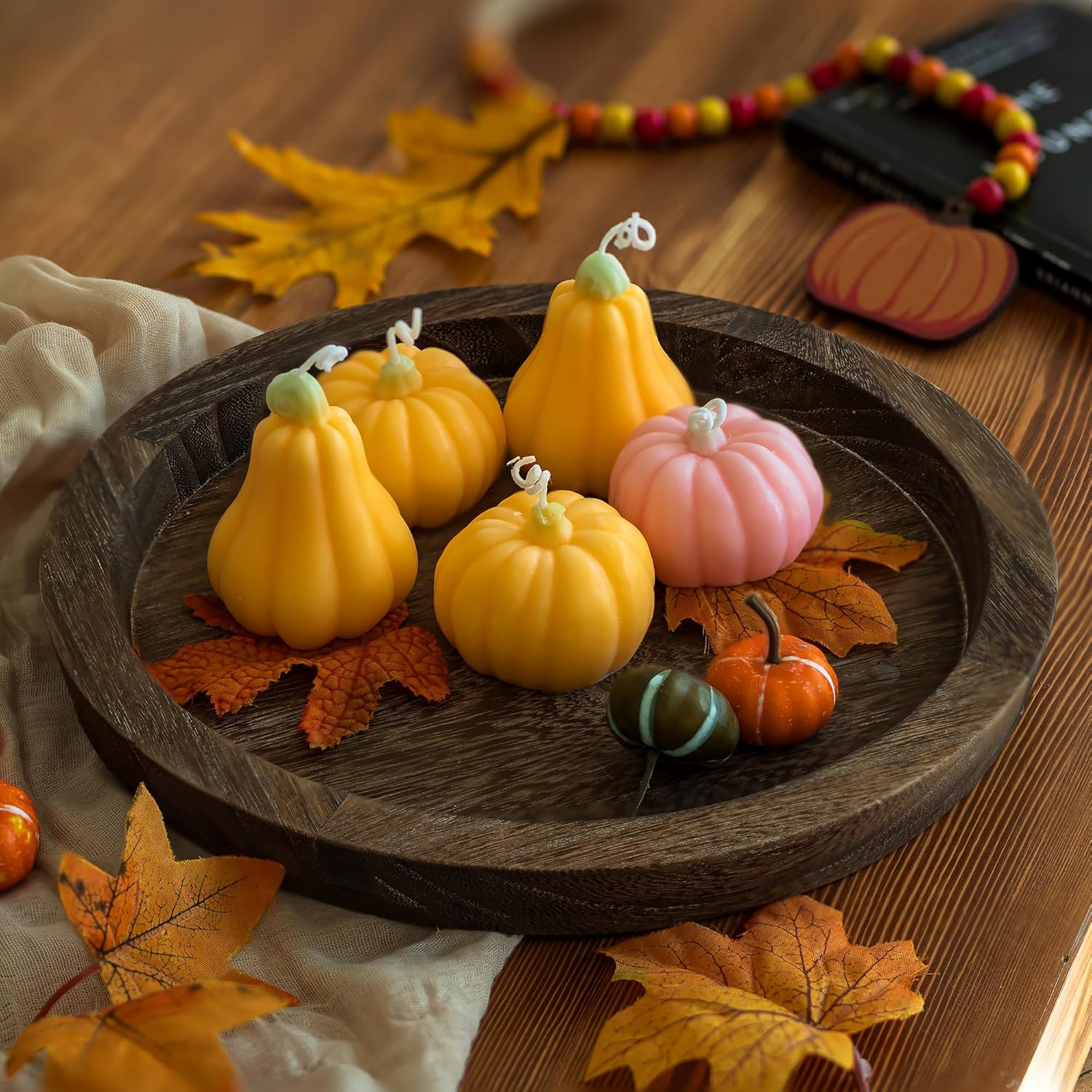 Candle Plate Holder Tray: round Wooden Decorative Candle Plate Small Farmhouse Table Centerpiece Rustic Wood Tealight Pillar Trays for Christmas Wedding Halloween Home Decor
