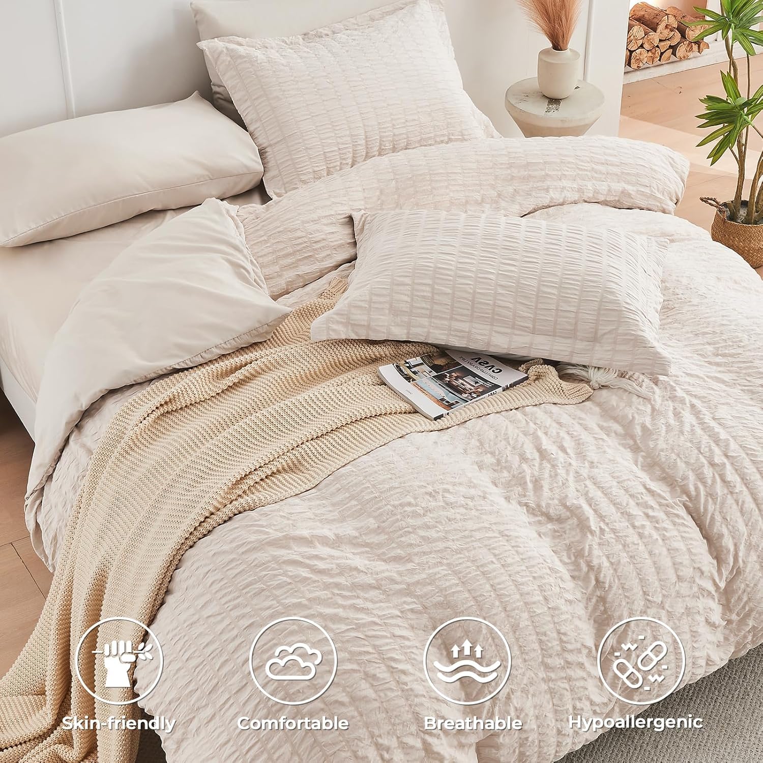 Beige Queen Comforter Set Seersucker 7 Pieces, All Season Luxury Bed in a Bag for Bedroom, Bedding Set with Comforters, Sheets, Pillowcases & Shams