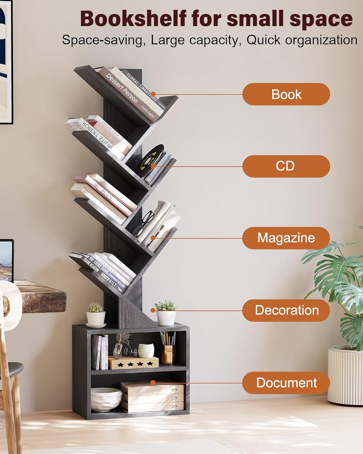 6 Tier Tree Bookshelf, Small Bookcase with Storage Cabinet, Modern Narrow Bookshelves Organizer, Floor Standing Book Shelf for Bedroom/Living Room/Home Office/Corner, Black