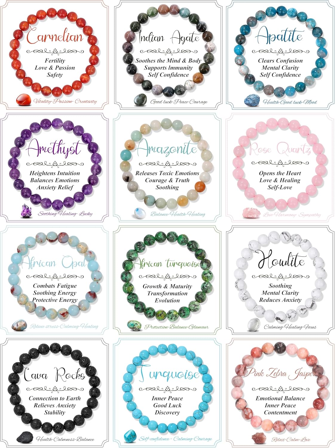 12PCS 8Mm Natural Crystal Bracelets for Women Men Semi-Precious Gemstone Beaded Bracelets round Beads Gemstones Stretch Yoga Bracelet