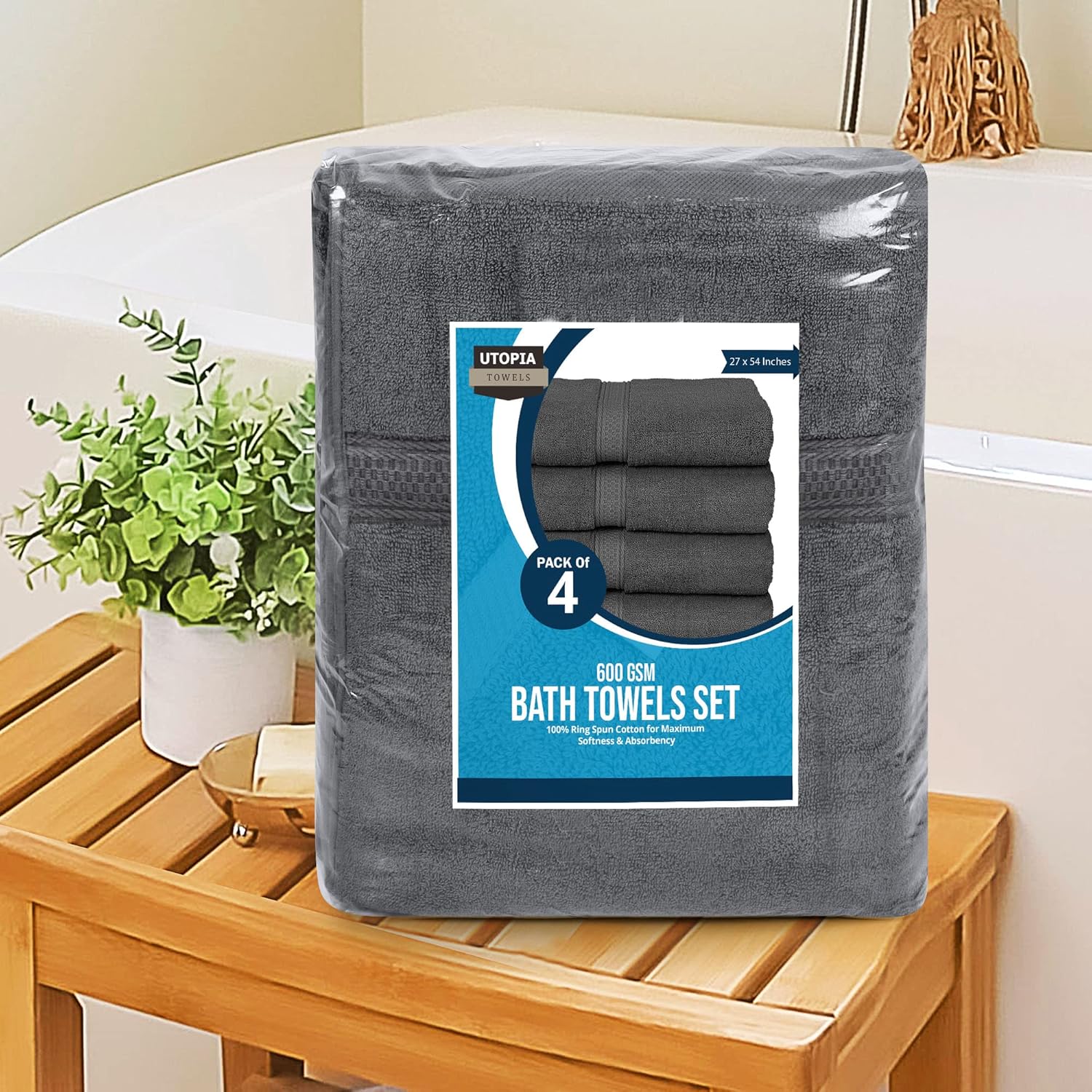 4 Pack Premium Bath Towels Set, 27 by 54 Inches, 100% Ring Spun Cotton 600GSM, Lightweight and Highly Absorbent Quick Drying Towels, Perfect for Daily Use, Grey
