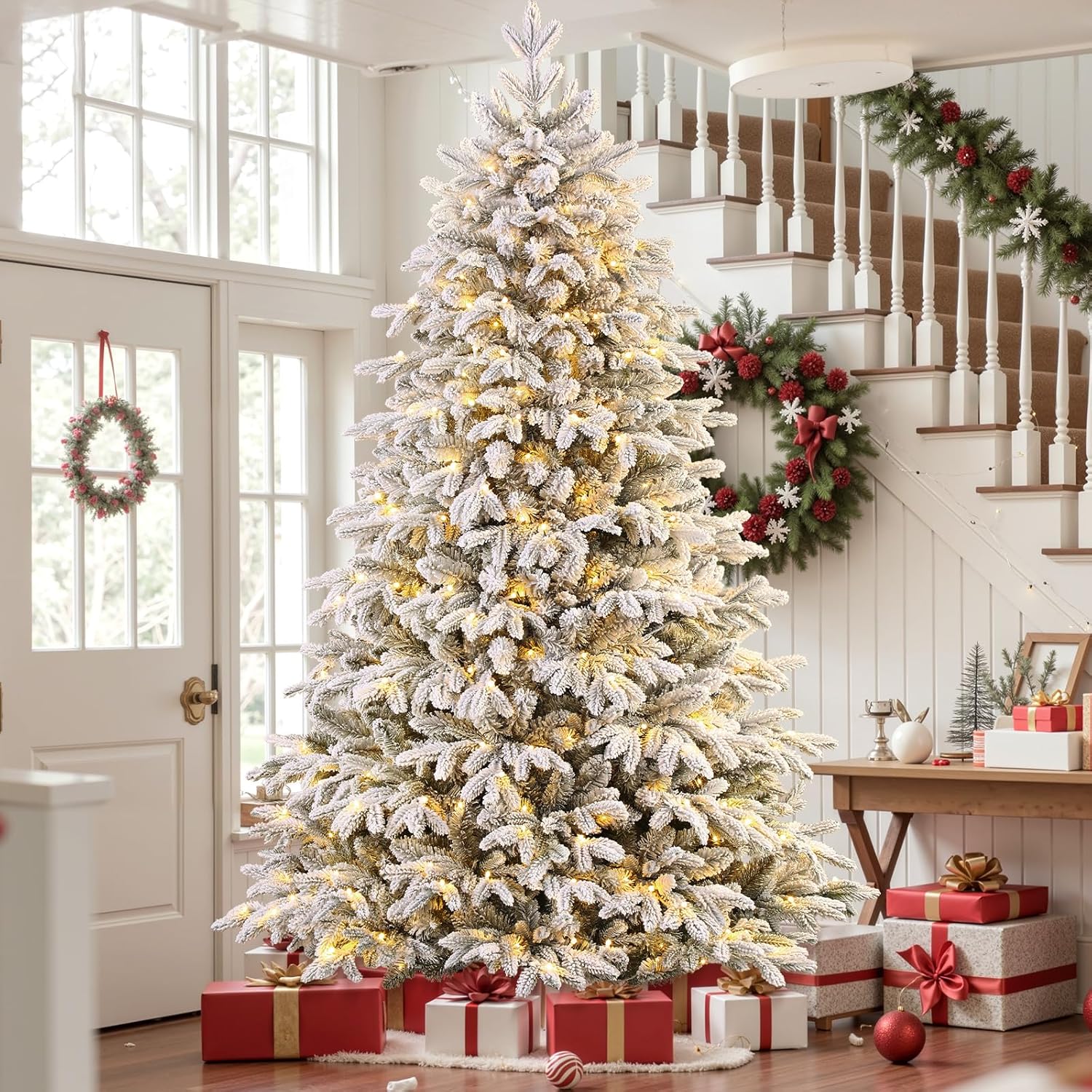 7.5Ft Flocked Cedar Christmas Tree Prelit with Remote Control, RGB & Warm White Lights, Modern Luxury Design with Full Flocked Snowy Branches for Home, Office, Party Decor, 7.5 FT