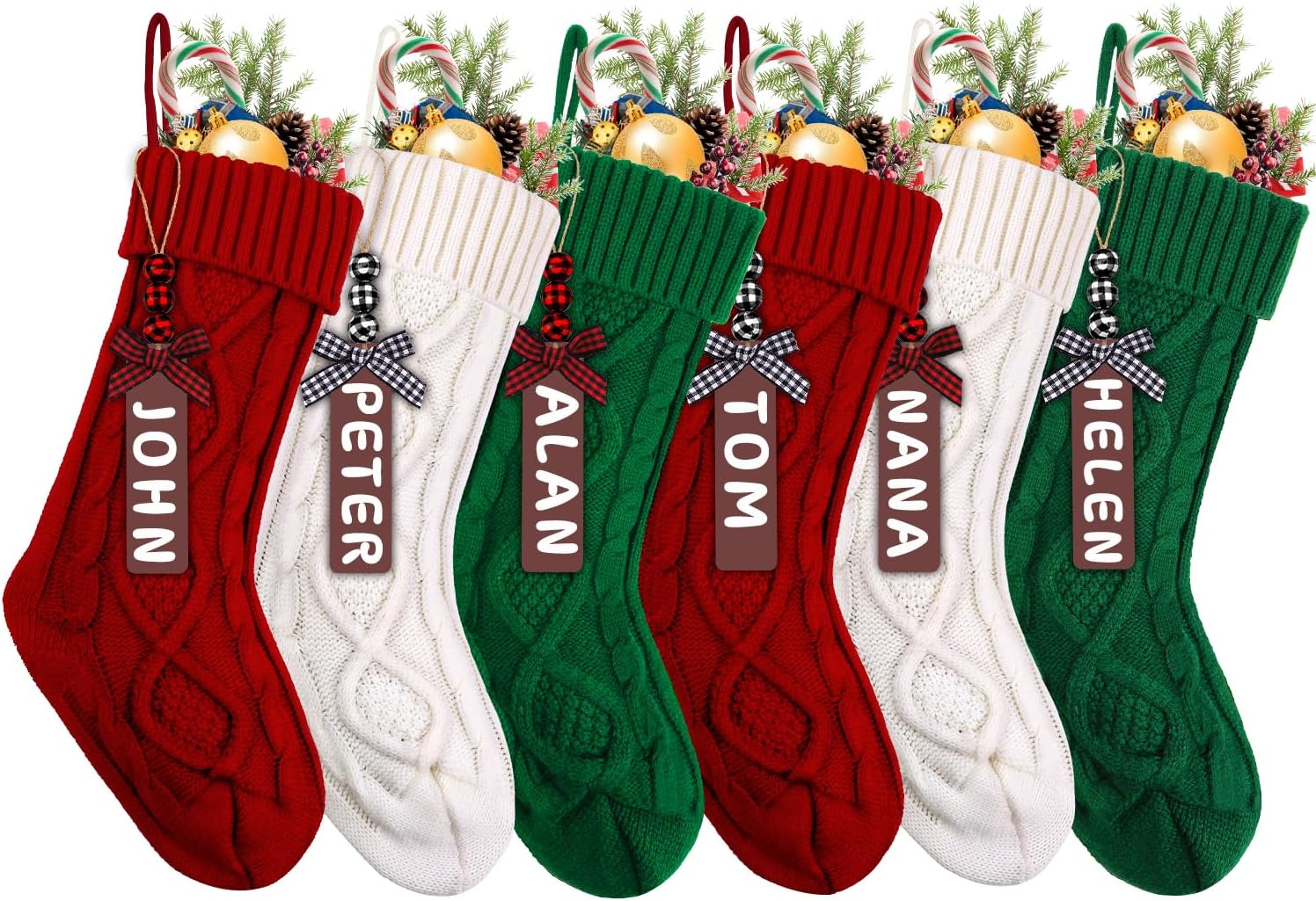 6PACK Christmas Stockings,18Inches Large Cable Knitted Stocking Personalized Xmas Hanging Stocking Decorations with Name Tags for Holiday Christmas Party Family Decor (Red White Green)