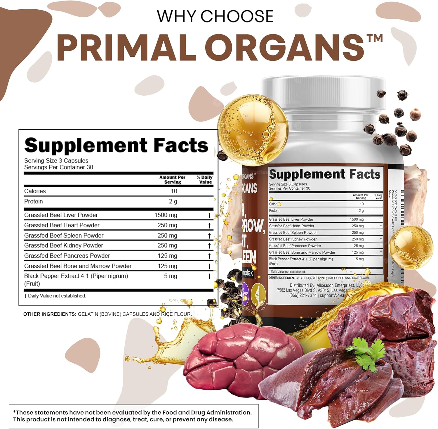 Grass Fed Beef Liver Capsules - Premium Quality Supplement Packed with Desiccated, Beef Heart, Spleen, Pancreas plus Bone & Marrow Dao Enzyme Pills