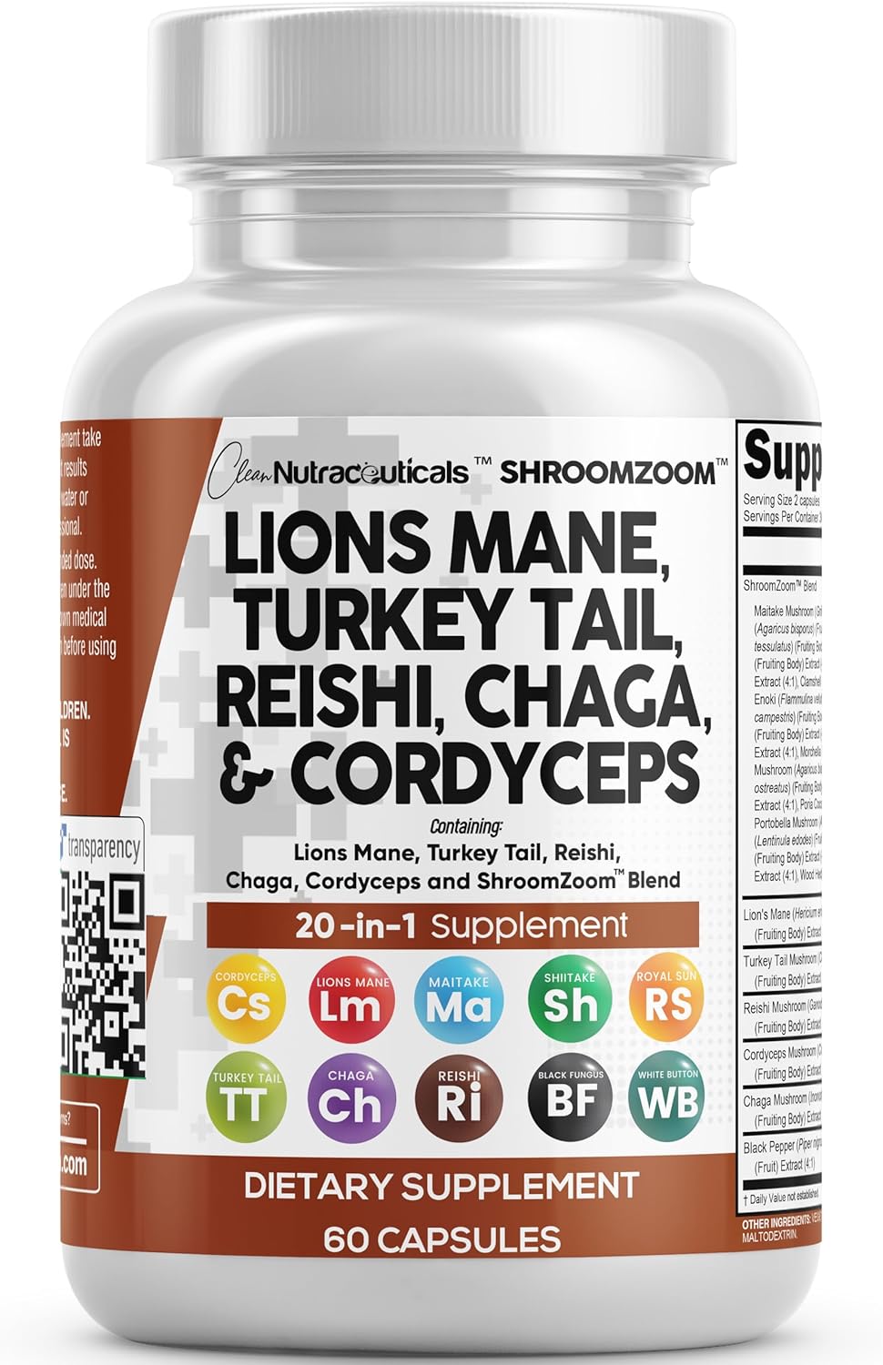Lions Mane 20In1 Mushroom Supplement with Turkey Tail Reishi Cordyceps Chaga Maitake Meshima Poria Cocos Shiitake Oyster Porcini Enoki - 1 Pack