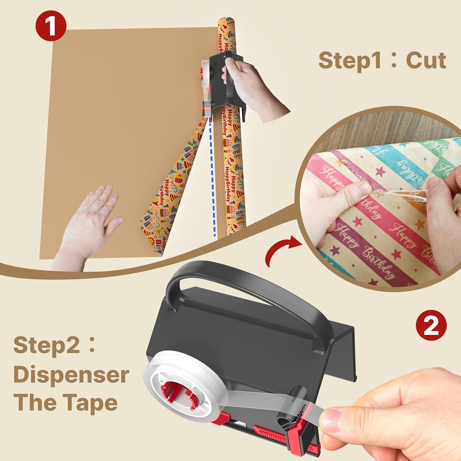 (2-Pack) Wrapping Paper Cutter & Tape Dispenser Dual Use with 4 Tapes,2 Replace Blades Kit for Christmas Gift Wrap Cutter Tool Paper Roll Holder Tube Sliding Slicing for Birthday Holiday.