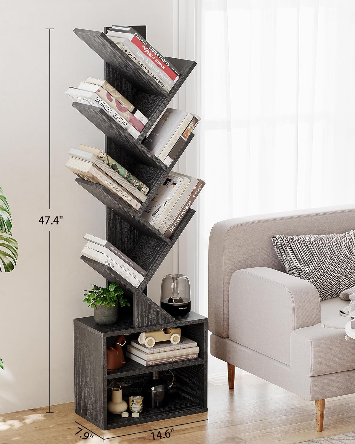 6 Tier Tree Bookshelf, Small Bookcase with Storage Cabinet, Modern Narrow Bookshelves Organizer, Floor Standing Book Shelf for Bedroom/Living Room/Home Office/Corner, Black