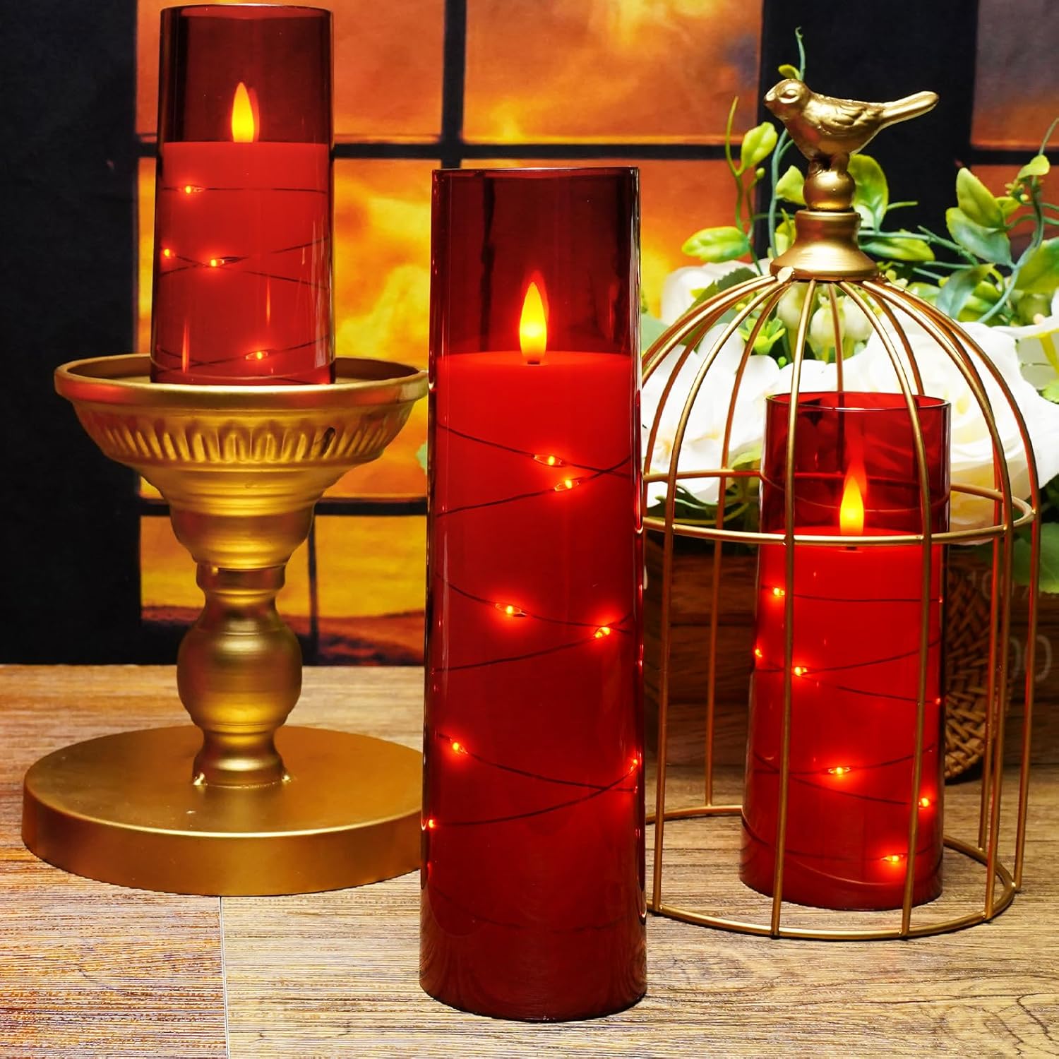 Flameless LED Candles with Timer 5 Pc Flickering Flameless Candles for Romantic Ambiance and Home Decoration Stable Acrylic Shell,With Embedded Star String,Battery Operated Candles(Red)