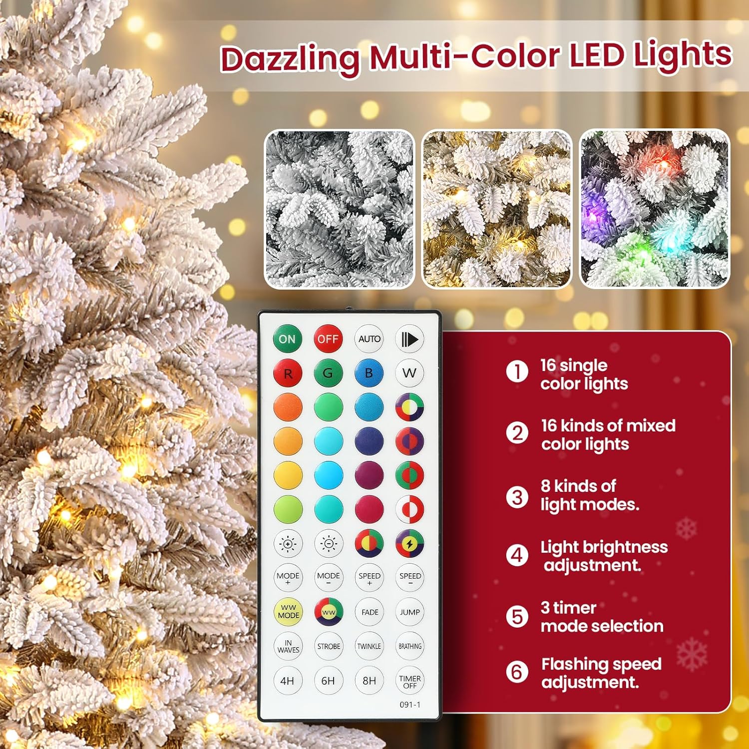7.5Ft Flocked Cedar Christmas Tree Prelit with Remote Control, RGB & Warm White Lights, Modern Luxury Design with Full Flocked Snowy Branches for Home, Office, Party Decor, 7.5 FT