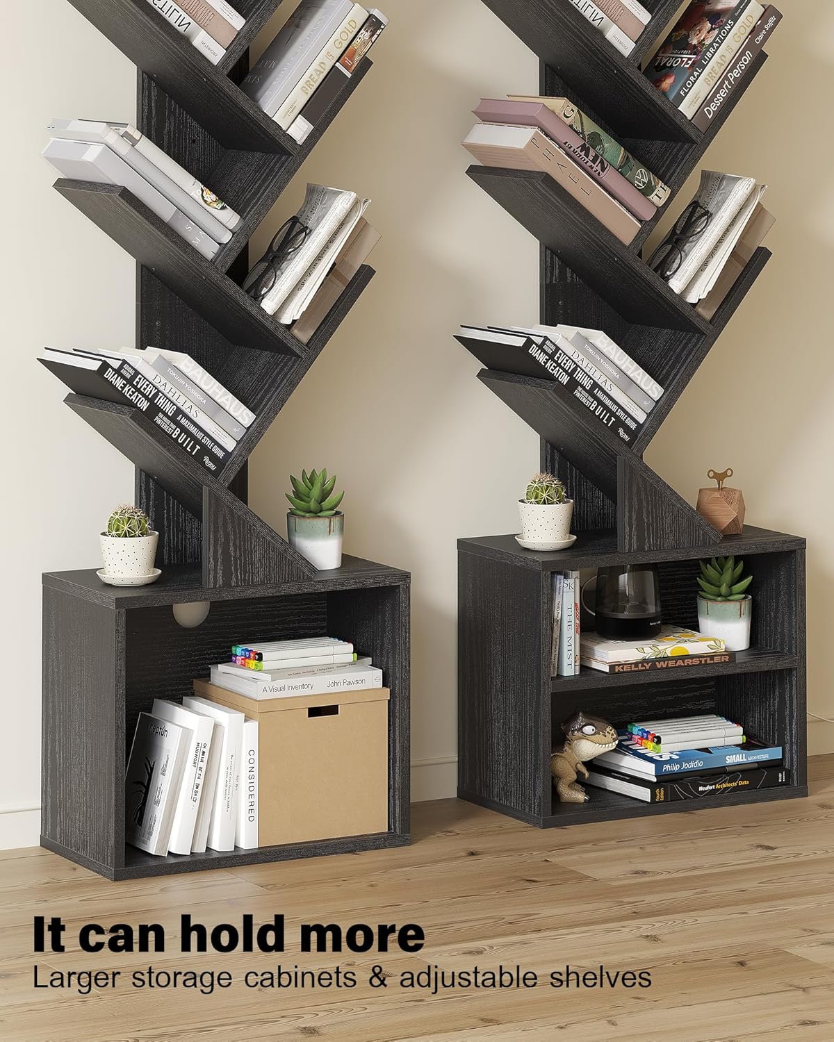 6 Tier Tree Bookshelf, Small Bookcase with Storage Cabinet, Modern Narrow Bookshelves Organizer, Floor Standing Book Shelf for Bedroom/Living Room/Home Office/Corner, Black